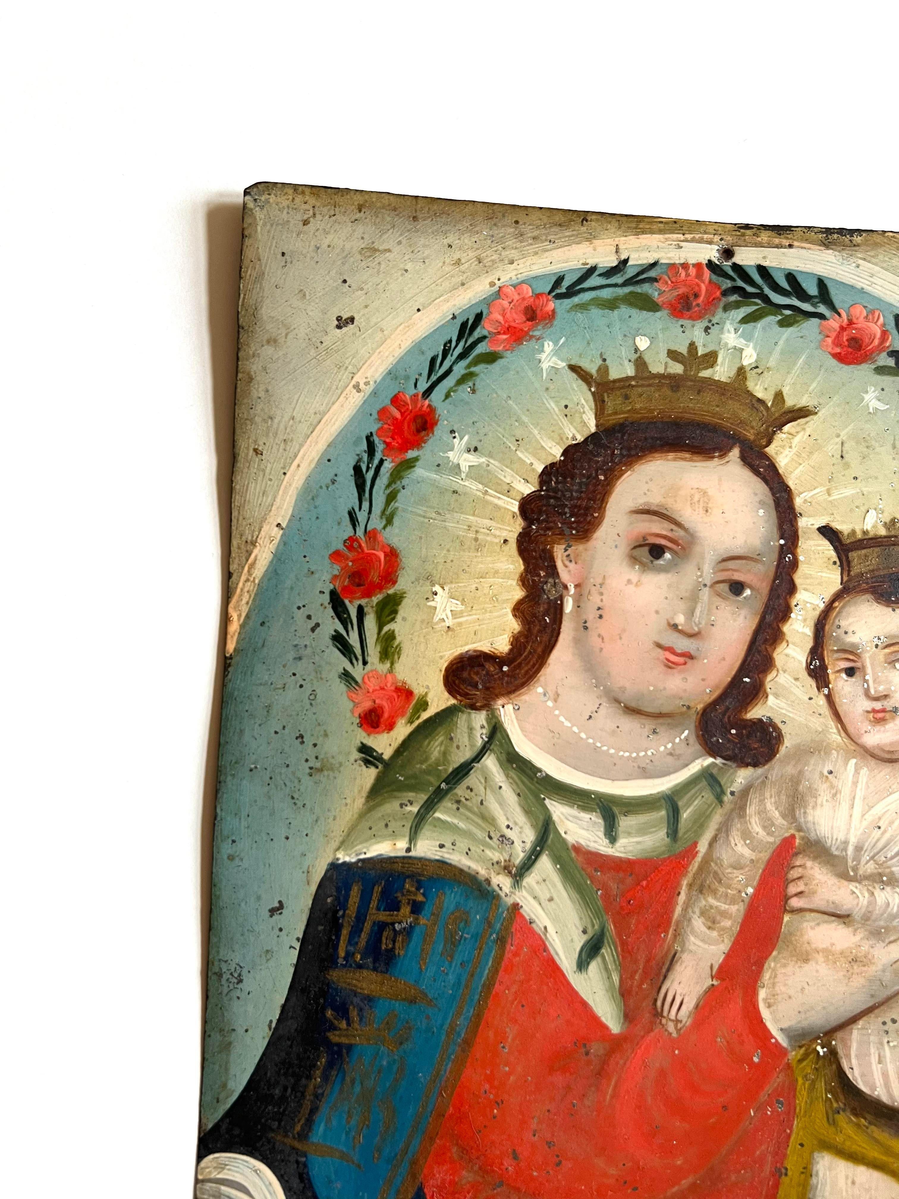 Antique Tin Mexican Retablo -- Madonna and Child - Painting by Unknown
