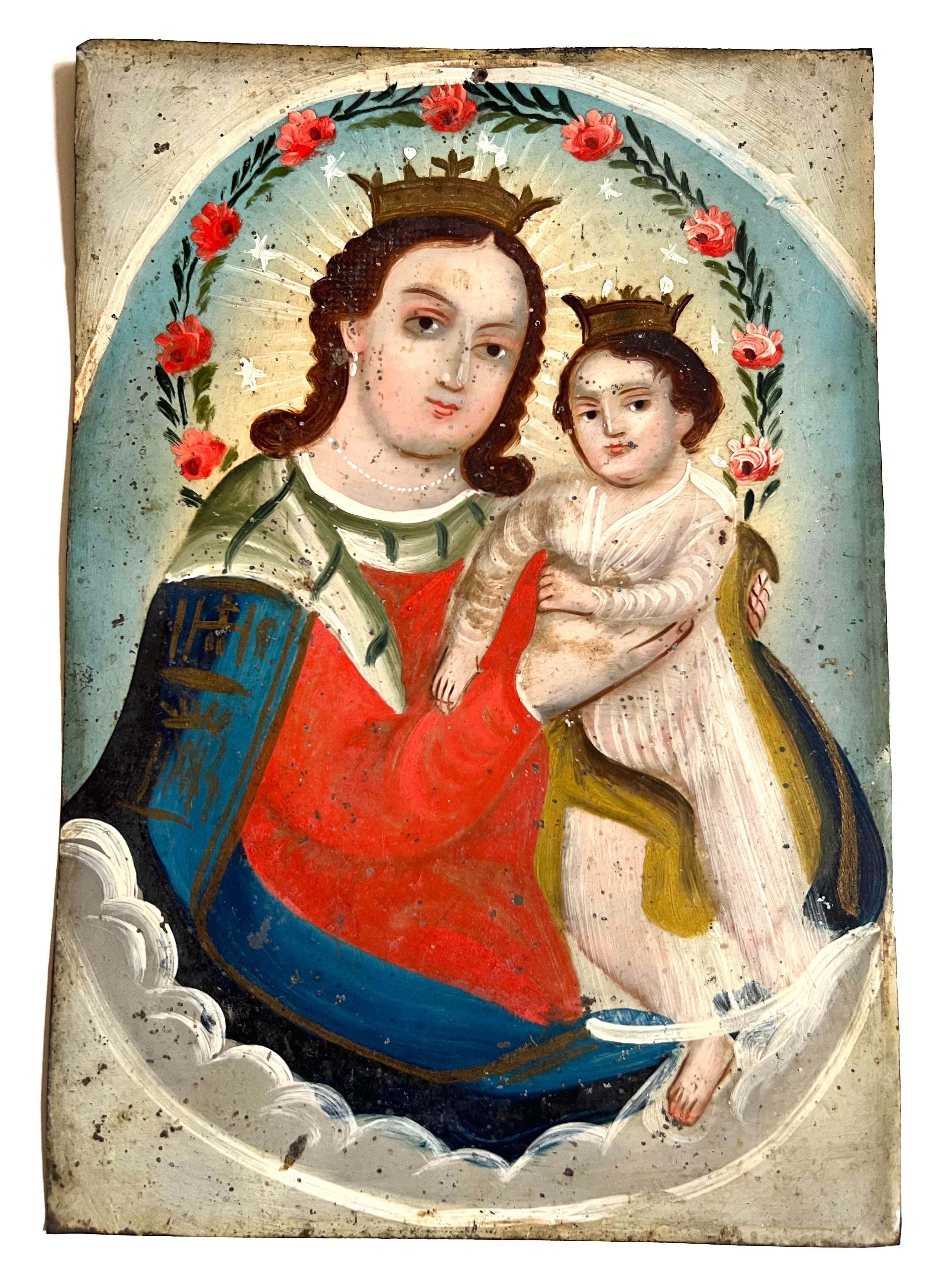 Unknown Portrait Painting - Antique Tin Mexican Retablo -- Madonna and Child