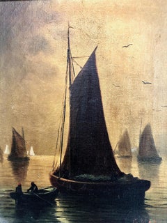 Antique Tonalist “English Fishing Boats” Marine Painting, by G. Martin