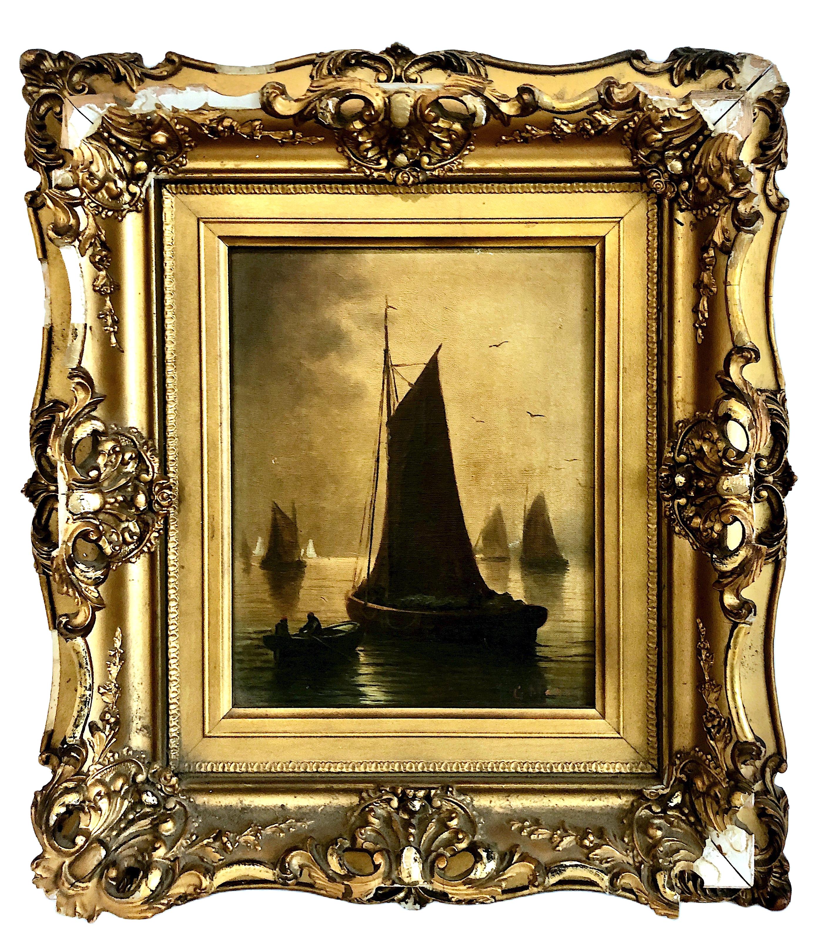 Antique Tonalist “English Fishing Boats” Marine Painting, by G. Martin