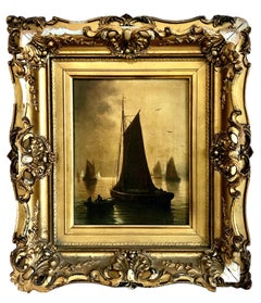 Antique Tonalist “English Fishing Boats” Marine Painting, by G. Martin
