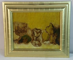 Antique Tonalist Still Life Cup And Fruit Oil on Board, Framed 1940's