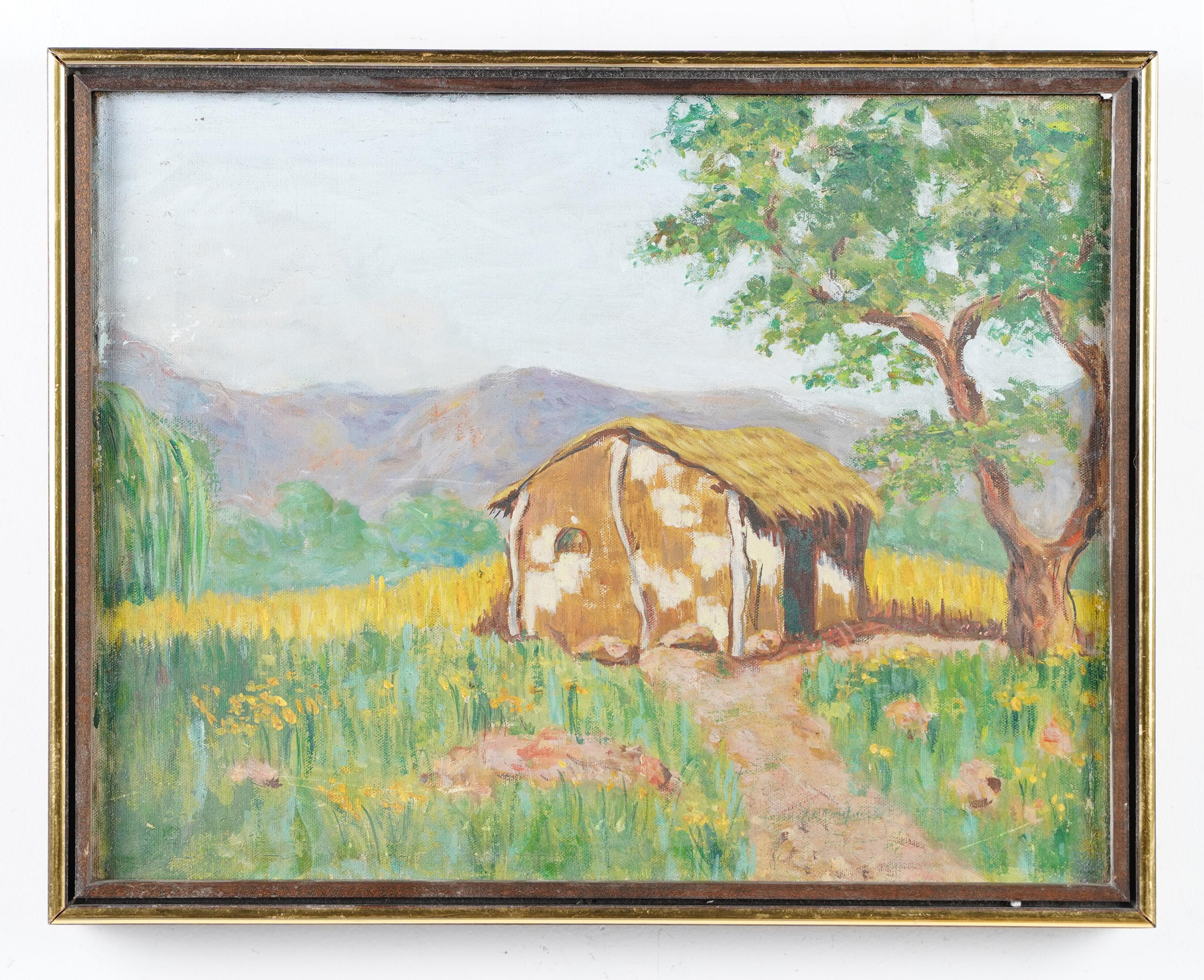 Antique modernist landscape painting. Oil on canvas.  Housed in a period frame.  Image size, 17.5L x 13.75H.  Signed.
