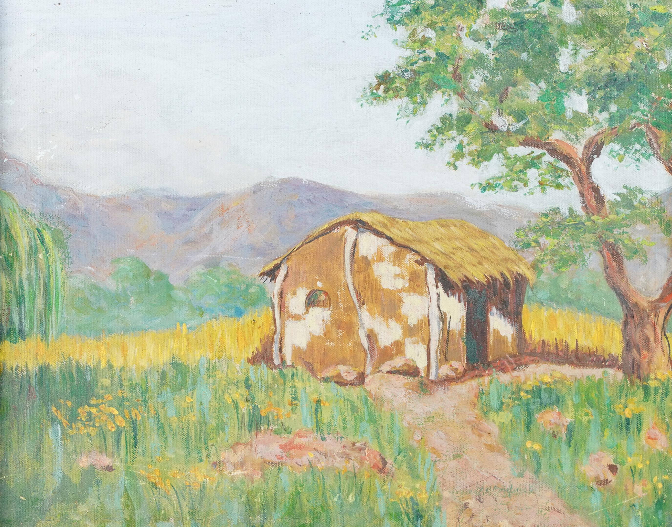 Antike tropische Landschaft des 19. Jahrhunderts, Original Ölgemälde, Blumenpfade, Original  (Beige), Landscape Painting, von Unknown