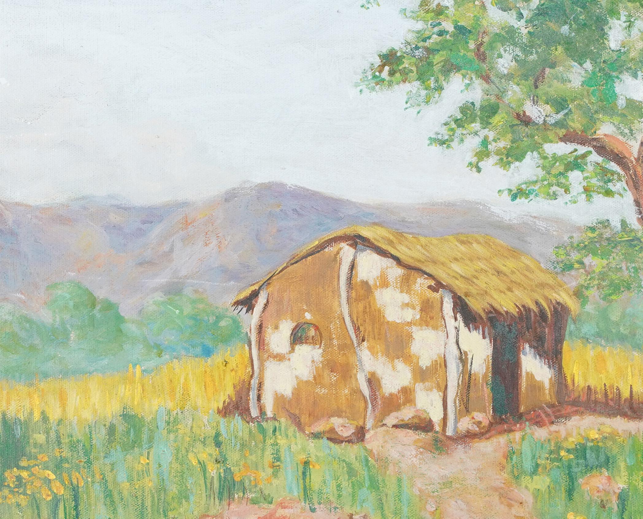 Cuadro antiguo de paisaje modernista. Óleo sobre lienzo.  Alojada en un marco de época.  Tamaño de la imagen, 17,5 L x 13,75 A.  Firmado.
