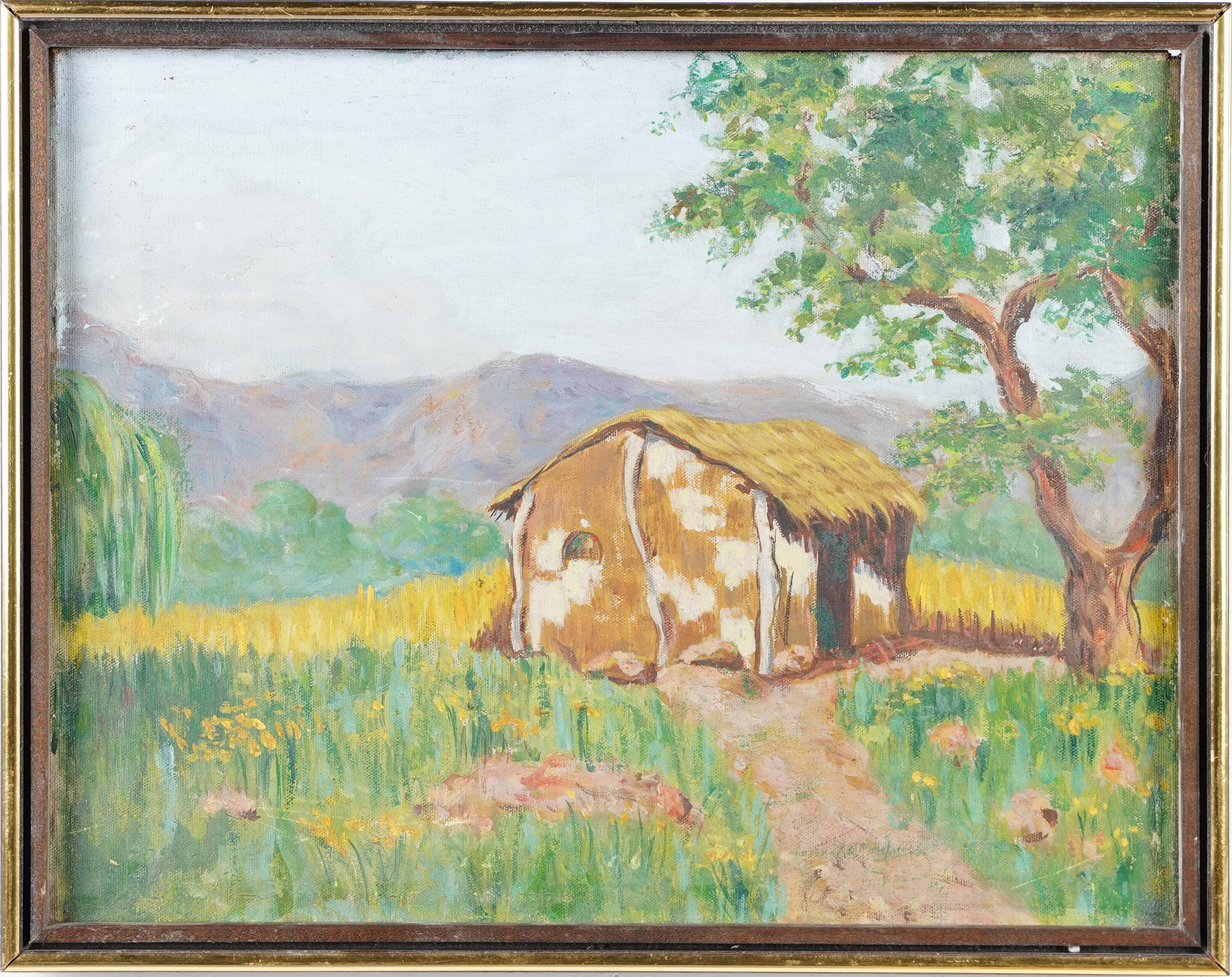 Unknown Landscape Painting – Antike tropische Landschaft des 19. Jahrhunderts, Original Ölgemälde, Blumenpfade, Original 