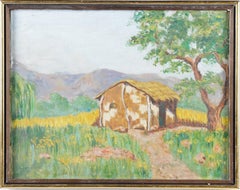 Antique Tropical 19th Century Landscape Original Oil Painting Flower Path