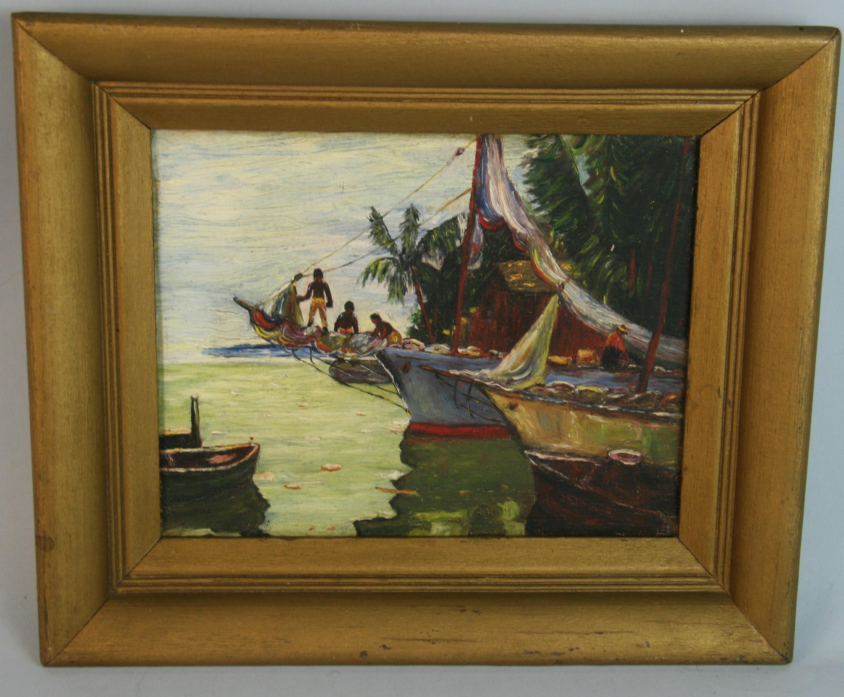 Antiguos Hombres de Islas Tropicales Preparación  zarpar - Landscape Painting Marrón de Unknown