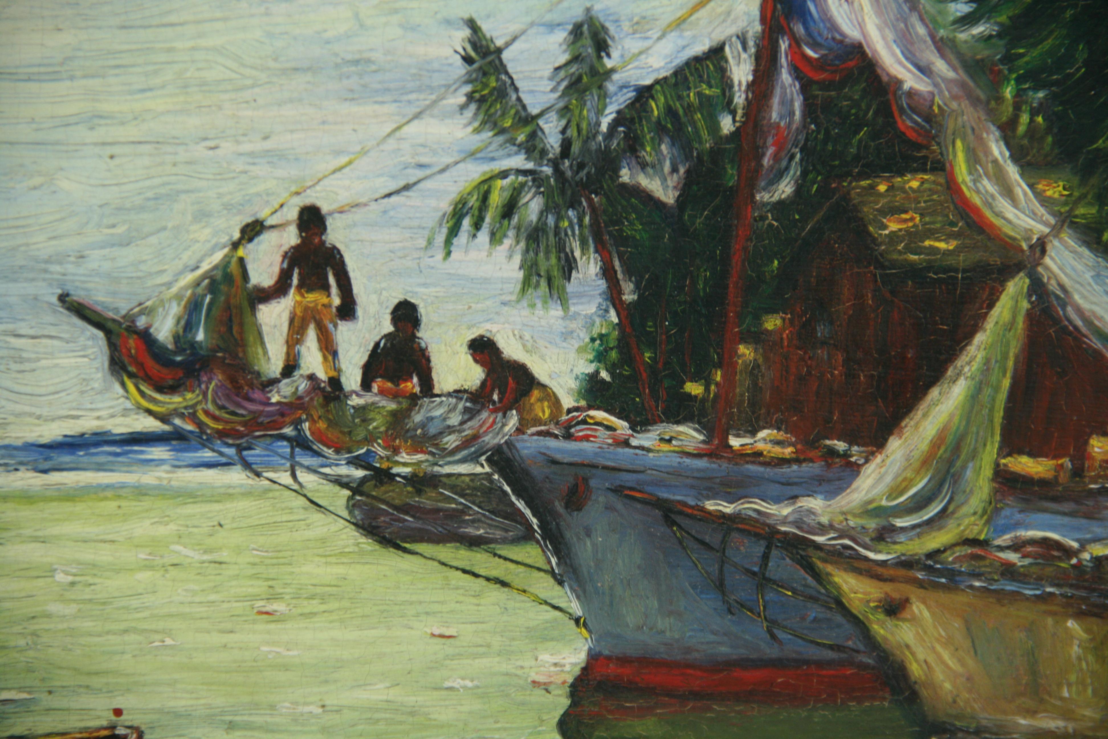 5070 Óleo antiguo hombres en isla tropical zarpando