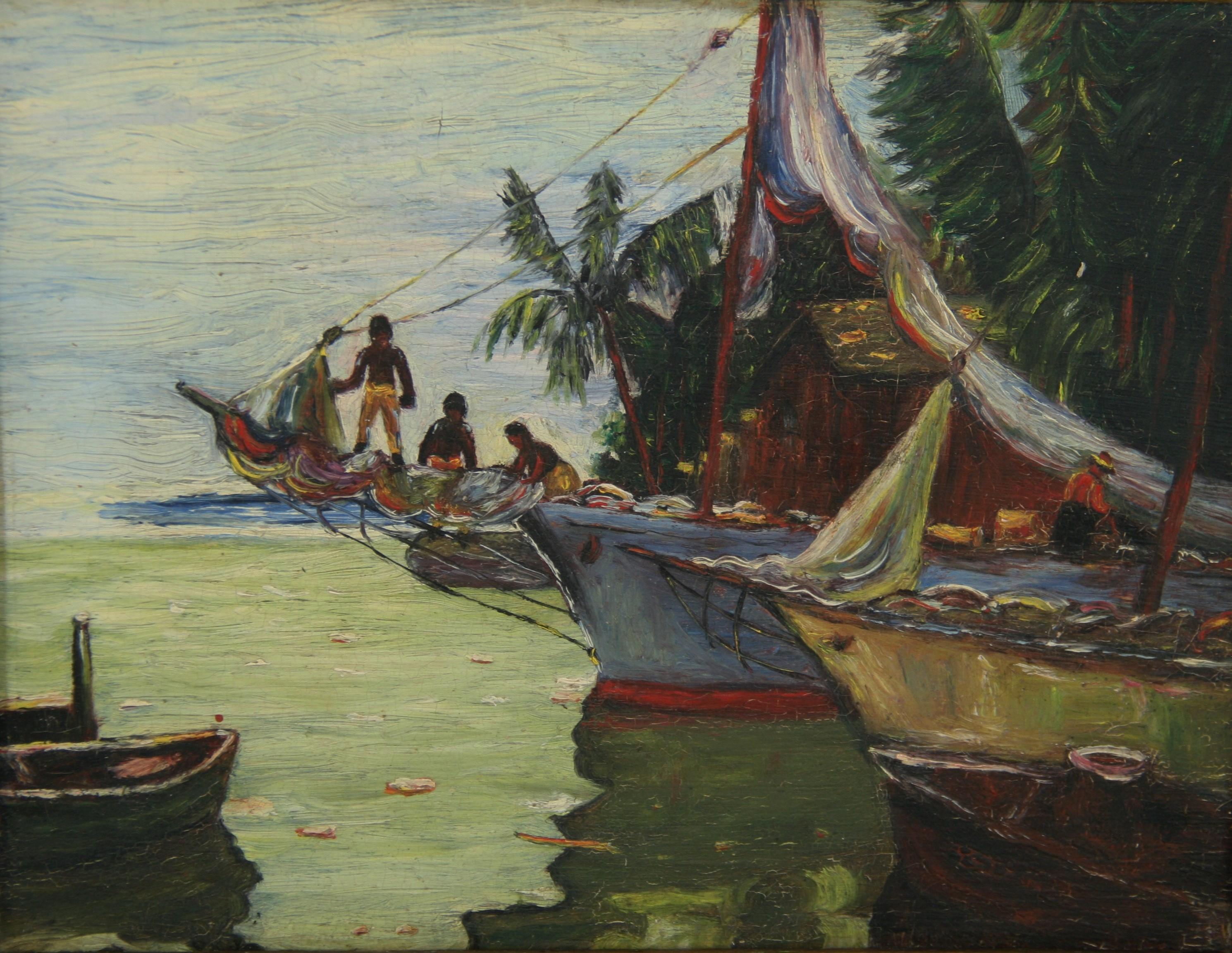 Landscape Painting di Unknown - Antico Uomo dell'isola tropicale in preparazione  per salpare