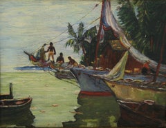 Antique Tropical Island Men Preparing  to Set Sail