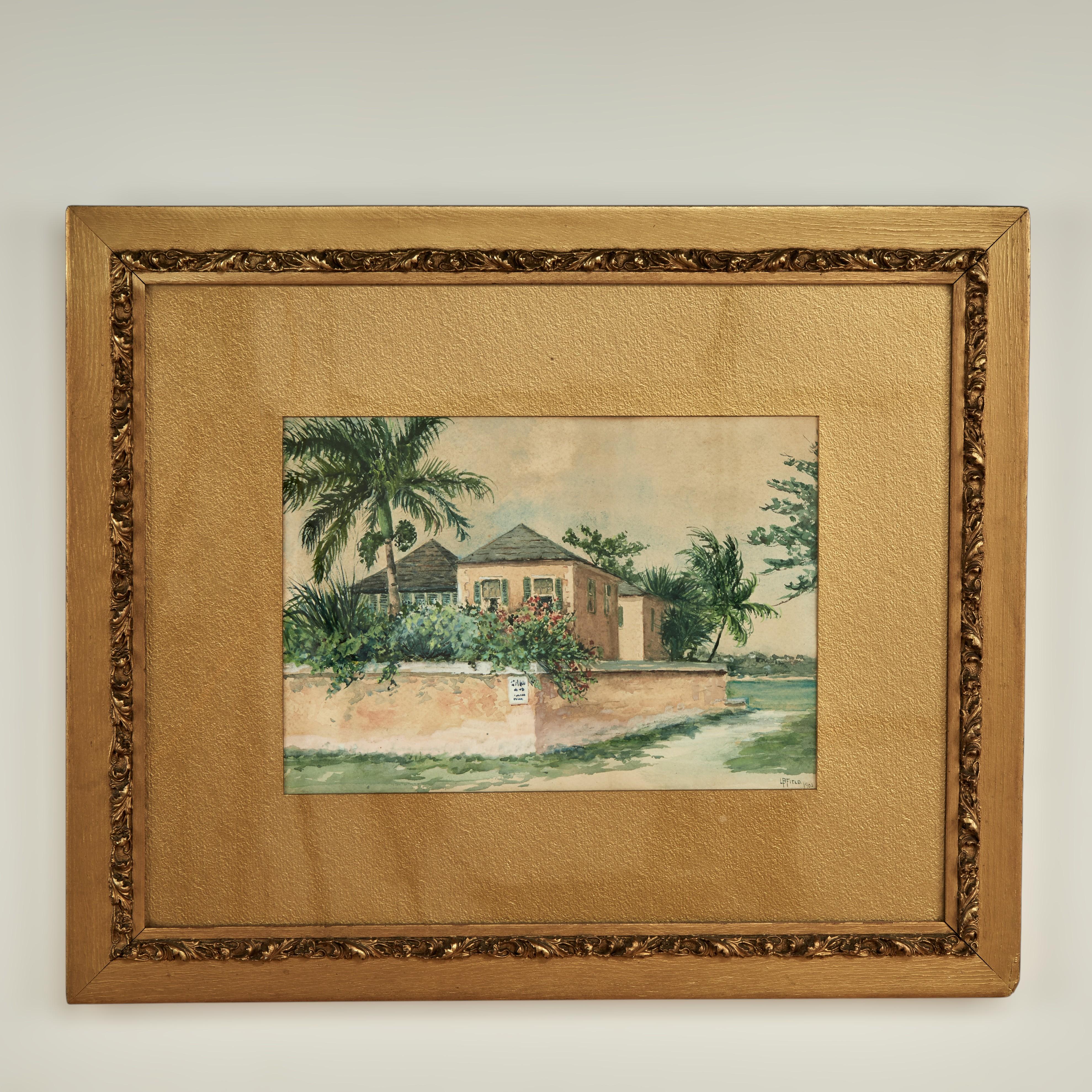 Unknown Landscape Painting - Antique Tropical Watercolor by LB Field