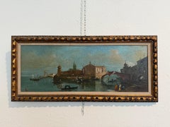 Antique Venetian Canal Scene Oil Painting Gondolas Bridge Italian Landscape