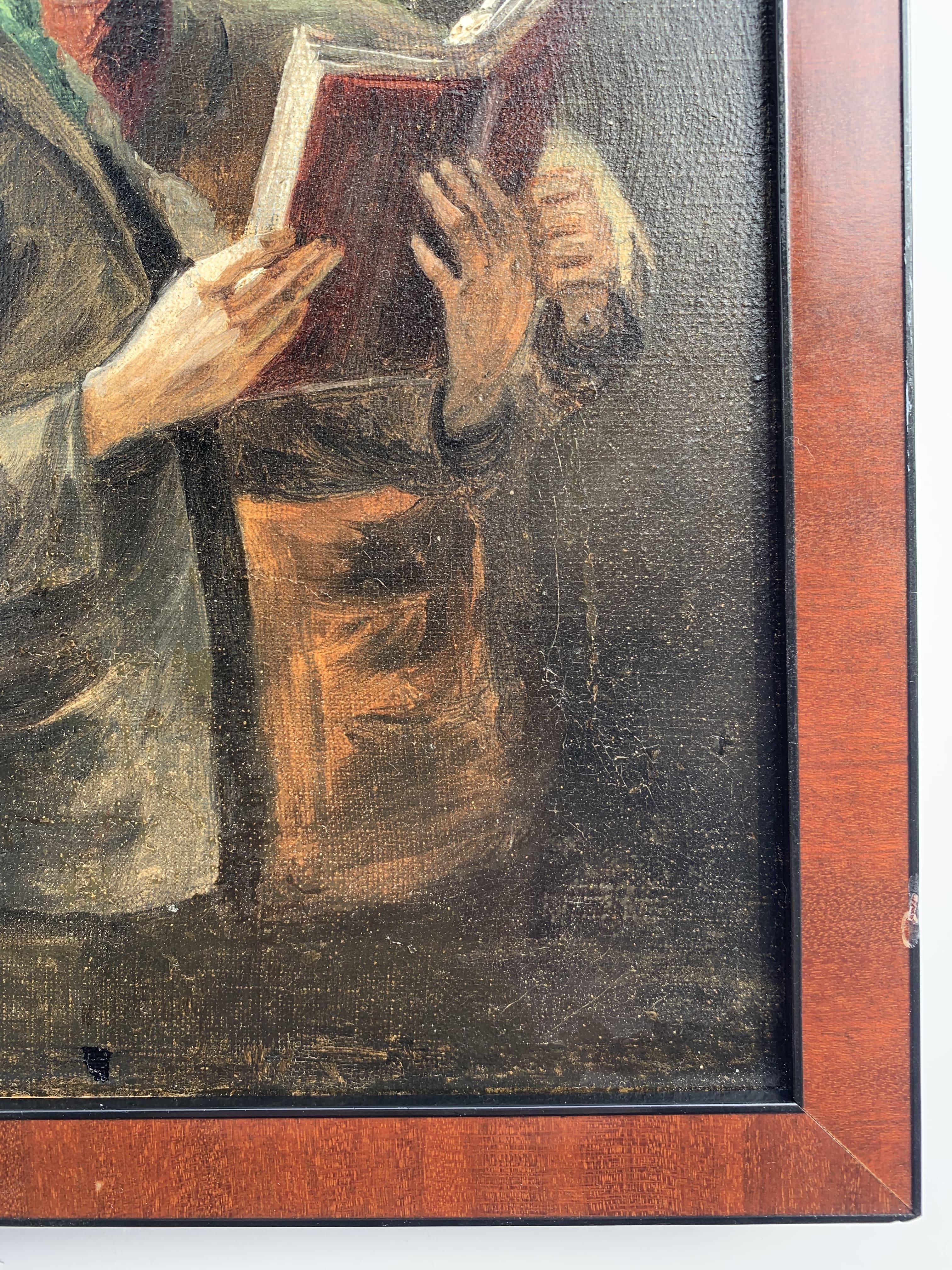 Up for sale is an interesting antique/vintage original oil painting on canvas, depicting a genre scene - two young men are reading a book.

Signed in the lower-left corner, but is difficult to read. Nicely framed.

Dimensions (frame): 11 
