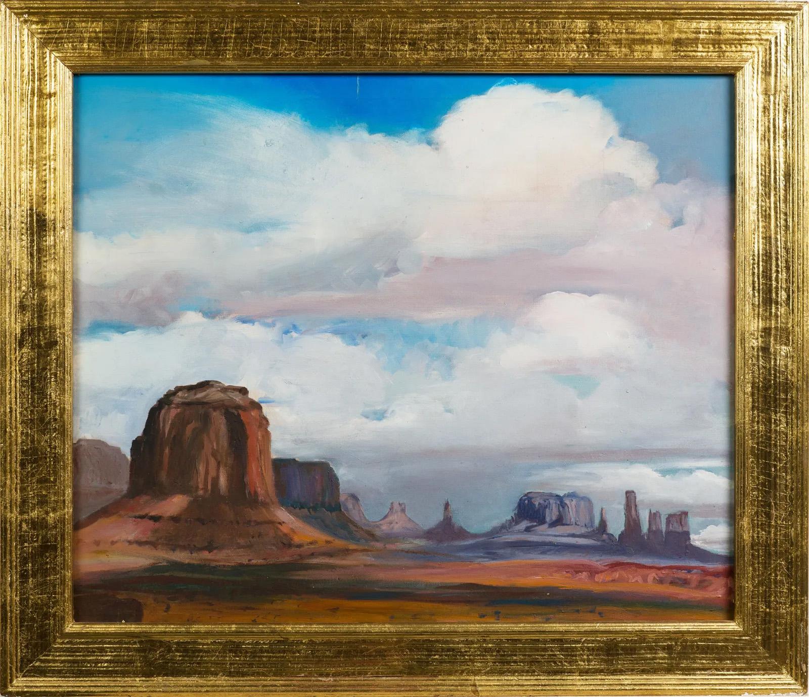 Large American impressionist landscape painting of Monument Valley.  Oil on canvas.  Apparently unsigned.  Nicely framed.  Image size, 36L x 30H.
