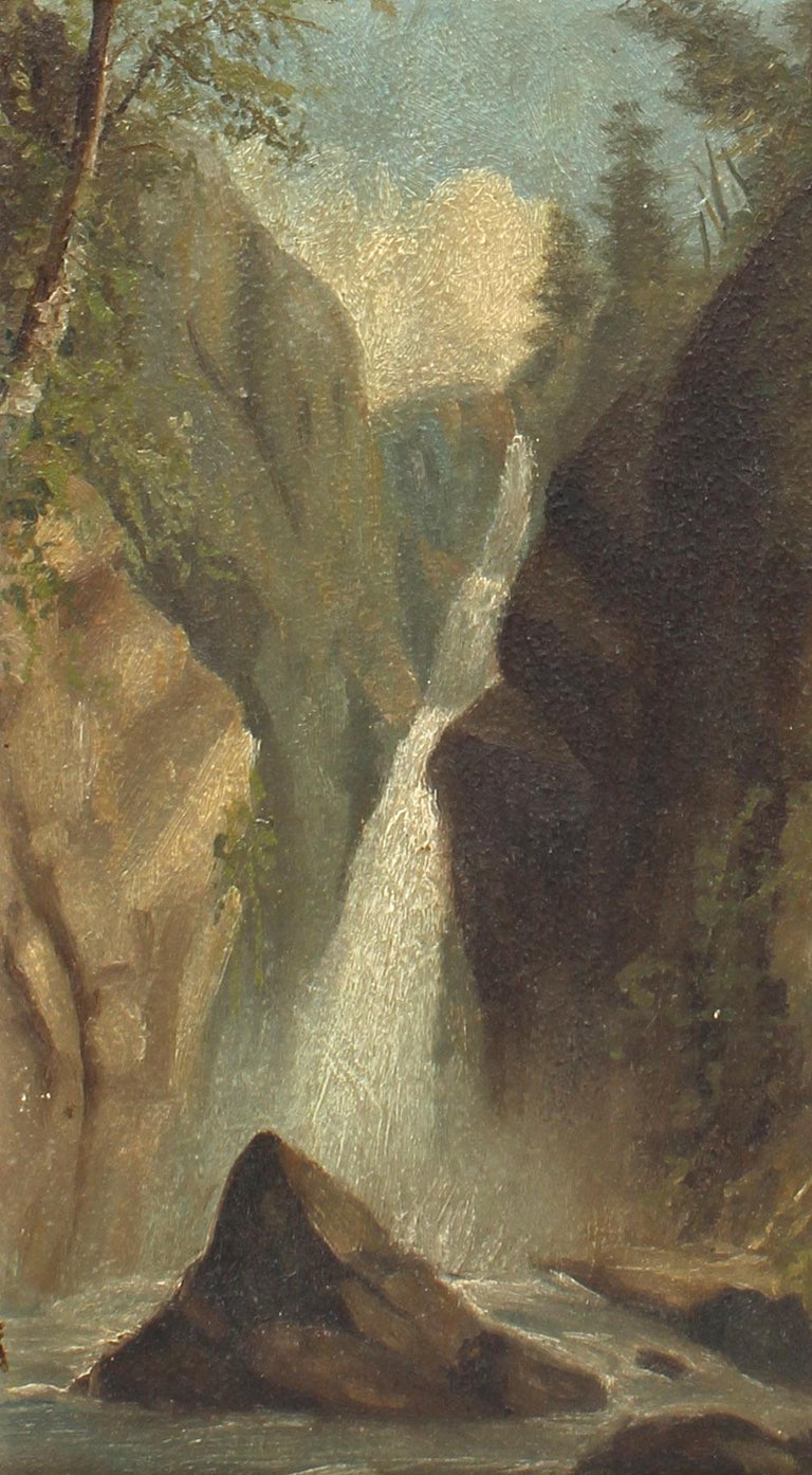 Antique Western Waterfall Oil Painting - Brown Landscape Painting by Unknown
