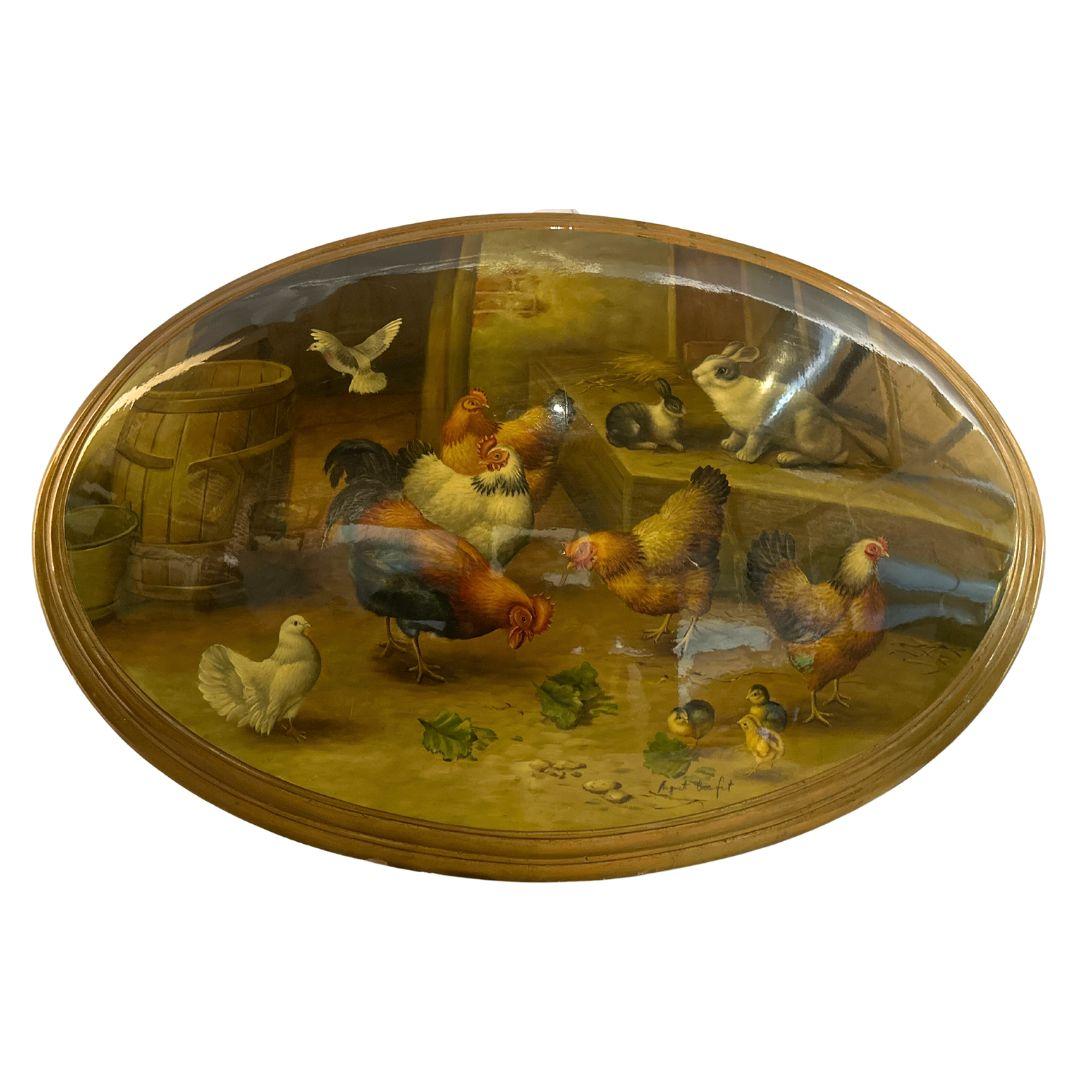 Antique Wildlife Art of Cozy Animal Retreat on Oval Convex Wood  - Painting by Unknown