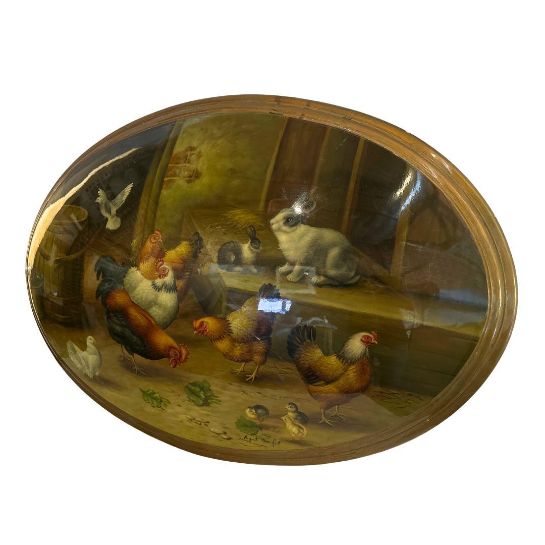 Antike Wildtierkunst des gemütlichen Tierschutzes auf ovalem konvexen Holz (Braun), Landscape Painting, von Unknown