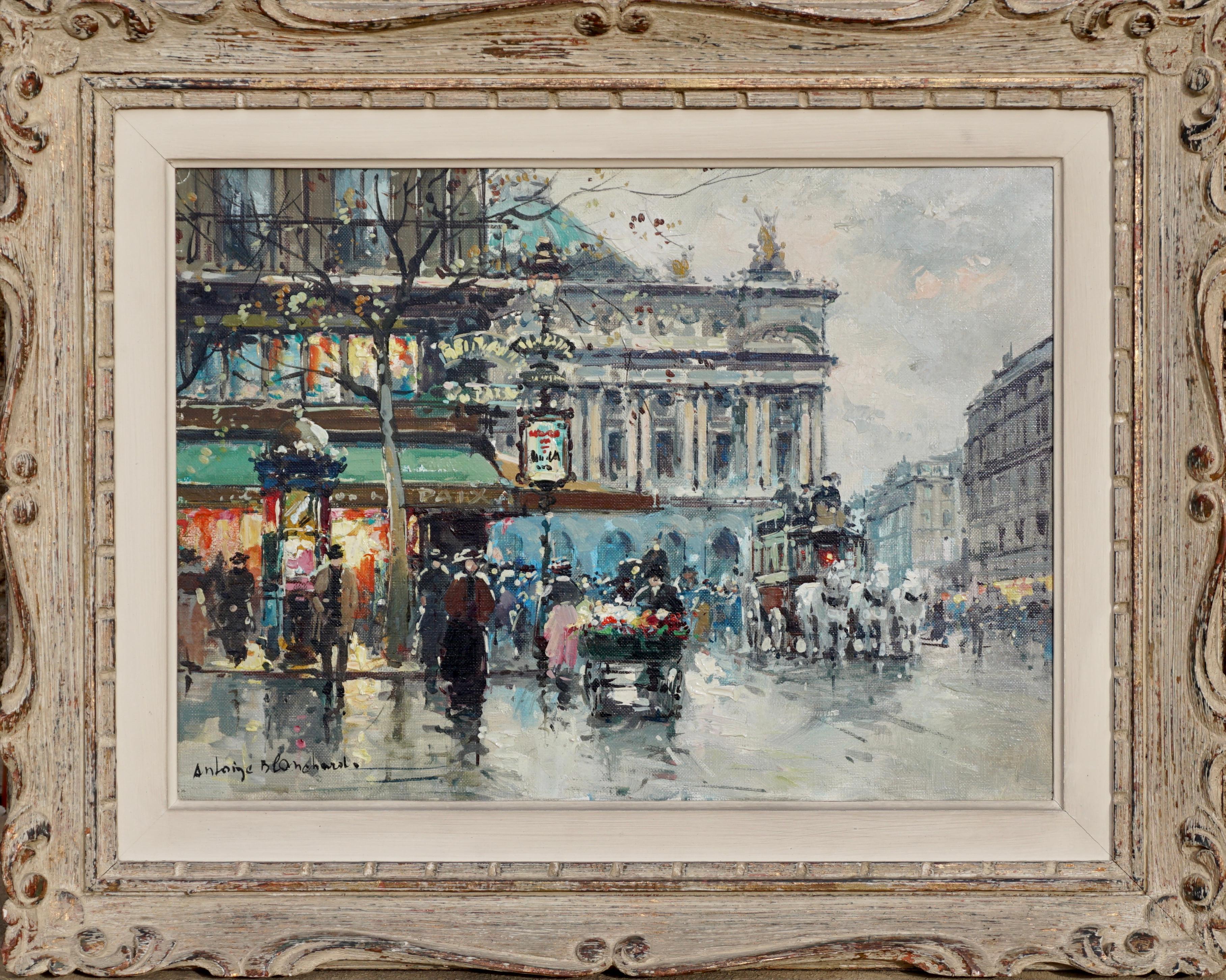 Antoine Blanchard (1910 - 1988) Cafe de la Paix. Circa 1950 wonderful and vibrant scene from the Grand Boulevards of Paris under the rain in fall. You can hear the horses prancing and carriages on the cobblestone streets. You can smell the fresh