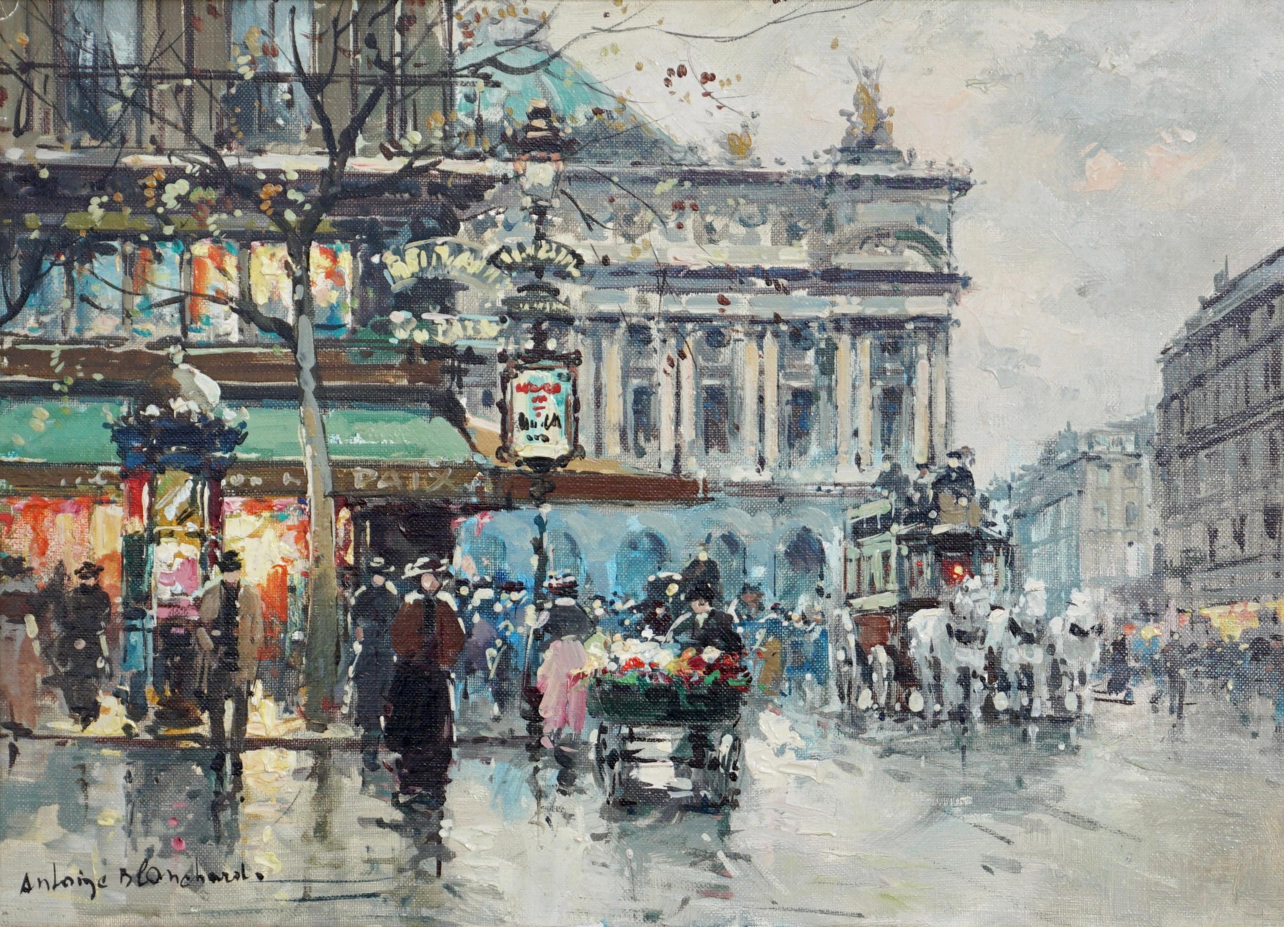 Antoine Blanchard (1910 - 1988) Cafe de la Paix. CIRCA 1950 wunderbare und lebendige Szene aus den Grand Boulevards von Paris unter dem Regen im Herbst. Man hört die Pferde tänzeln und die Kutschen auf den kopfsteingepflasterten Straßen. Man riecht