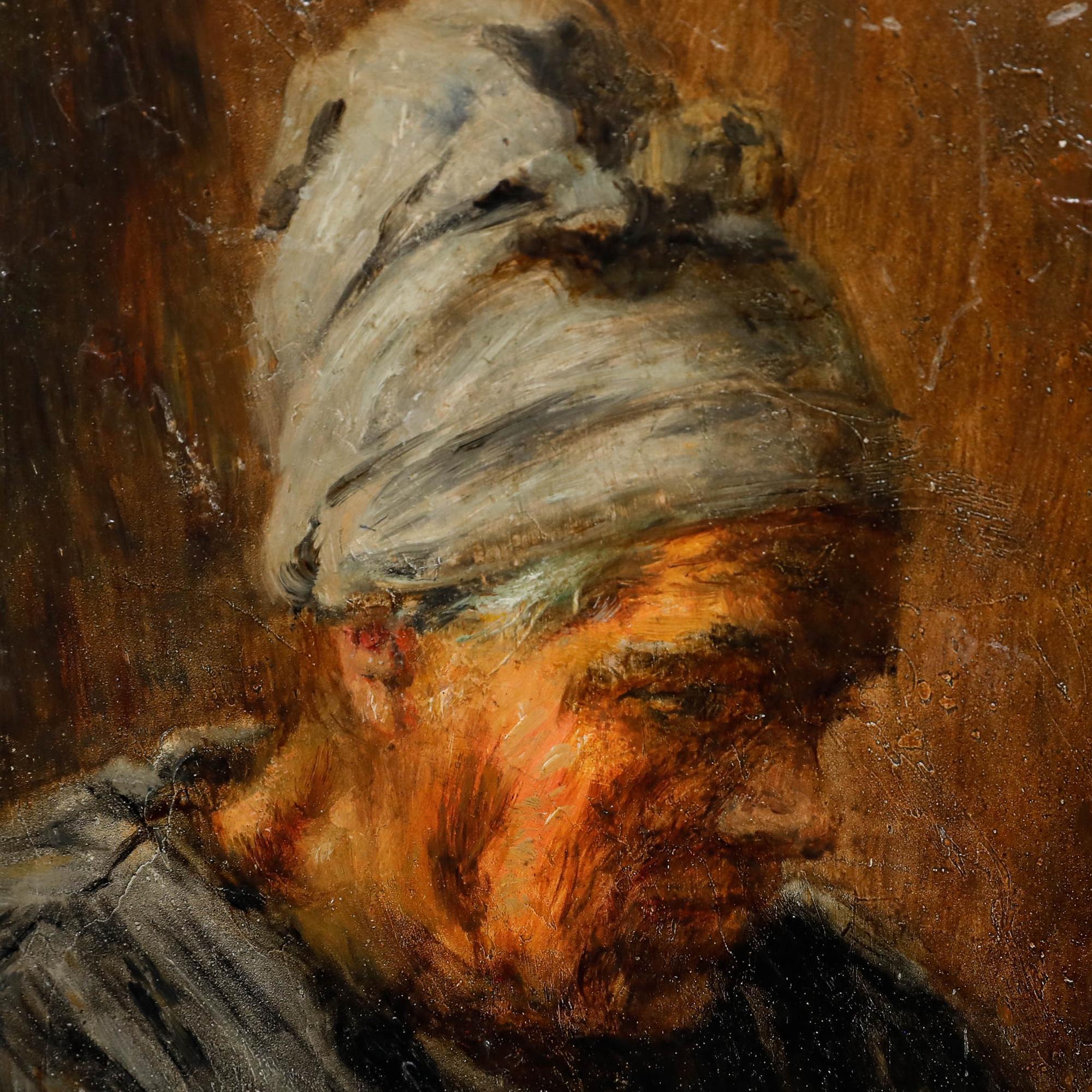 A small atmospheric portrait by the French artist Antoine Louis Manceaux. The sitter is caught in a moment of concentration, turning away from the viewer with her face cast into shadow as she focuses intently on something beyond our view. Signed to