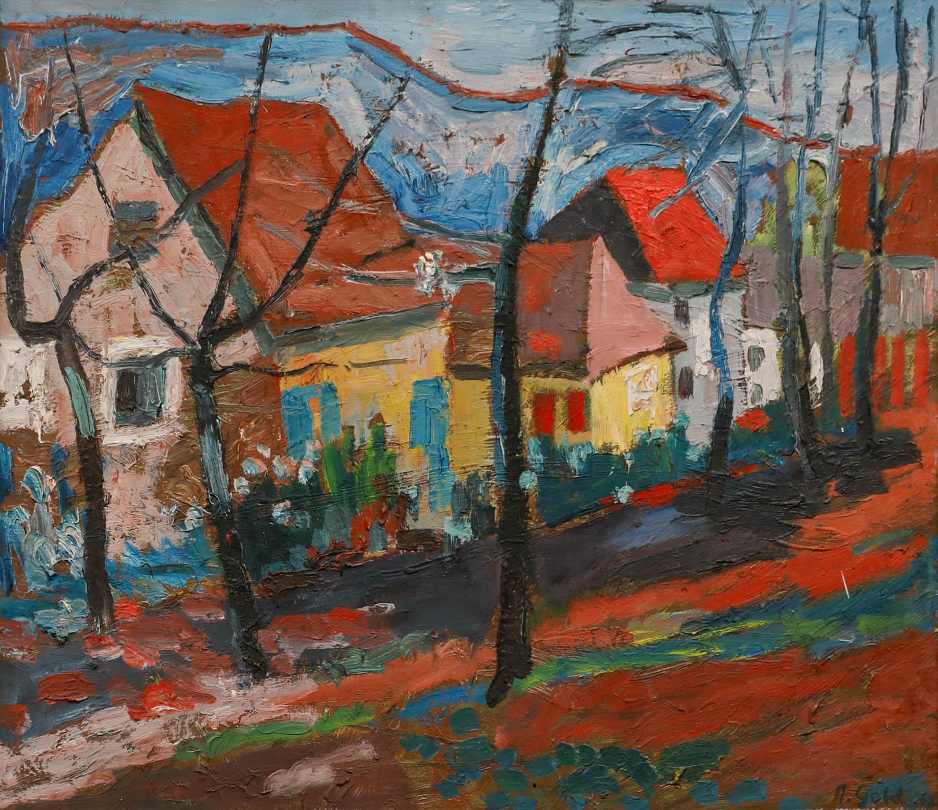 Anton Gold (1914-1970) - 1952 Óleo, Calle del pueblo - Painting de Unknown