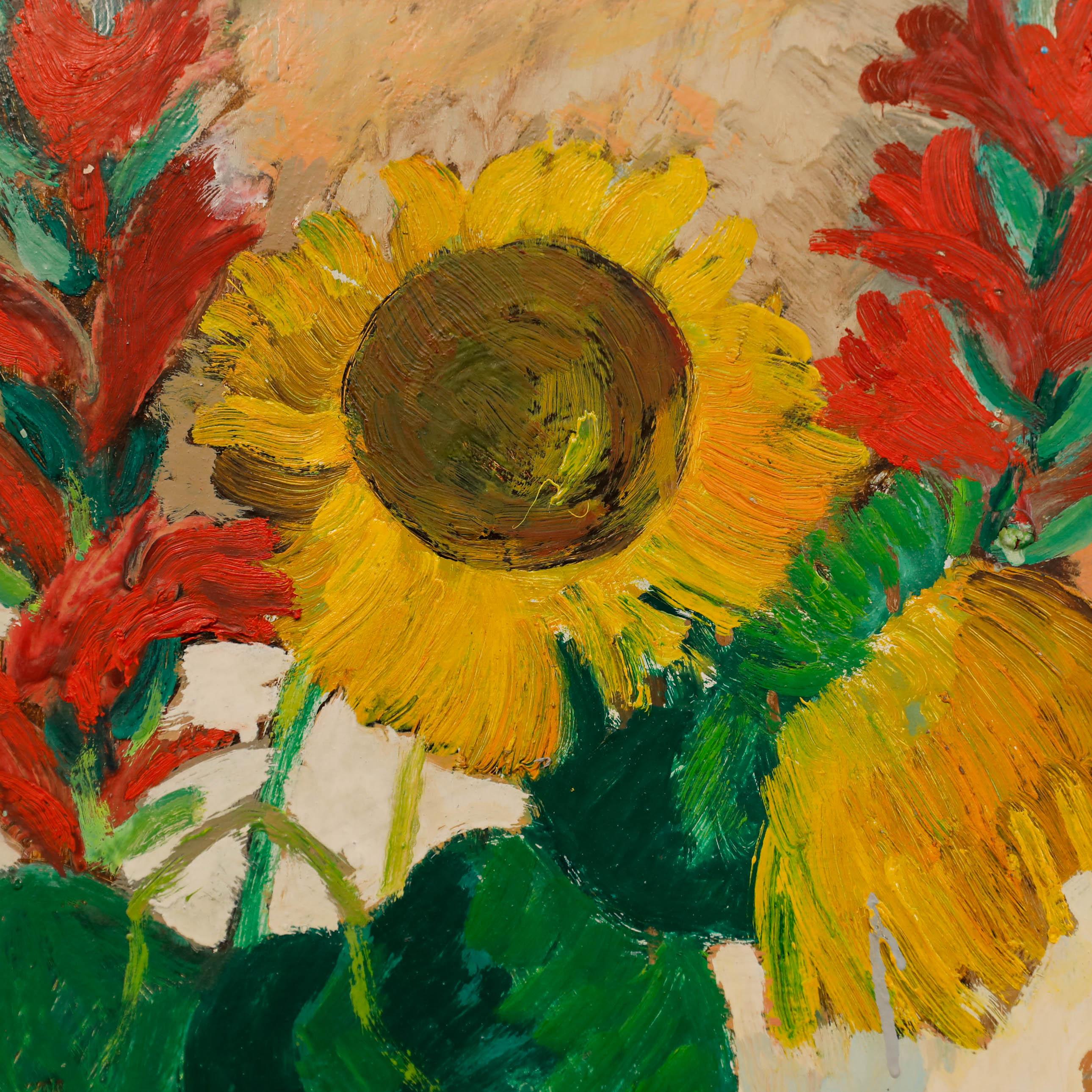 An eye-catching still life depicting red gladioli and yellow sunflowers in a large sky blue vase. The artist captures the composition in gestural brushstrokes and a vibrant palette of primary colours. Inscribed to the reverse 'Anton Gold' and dated