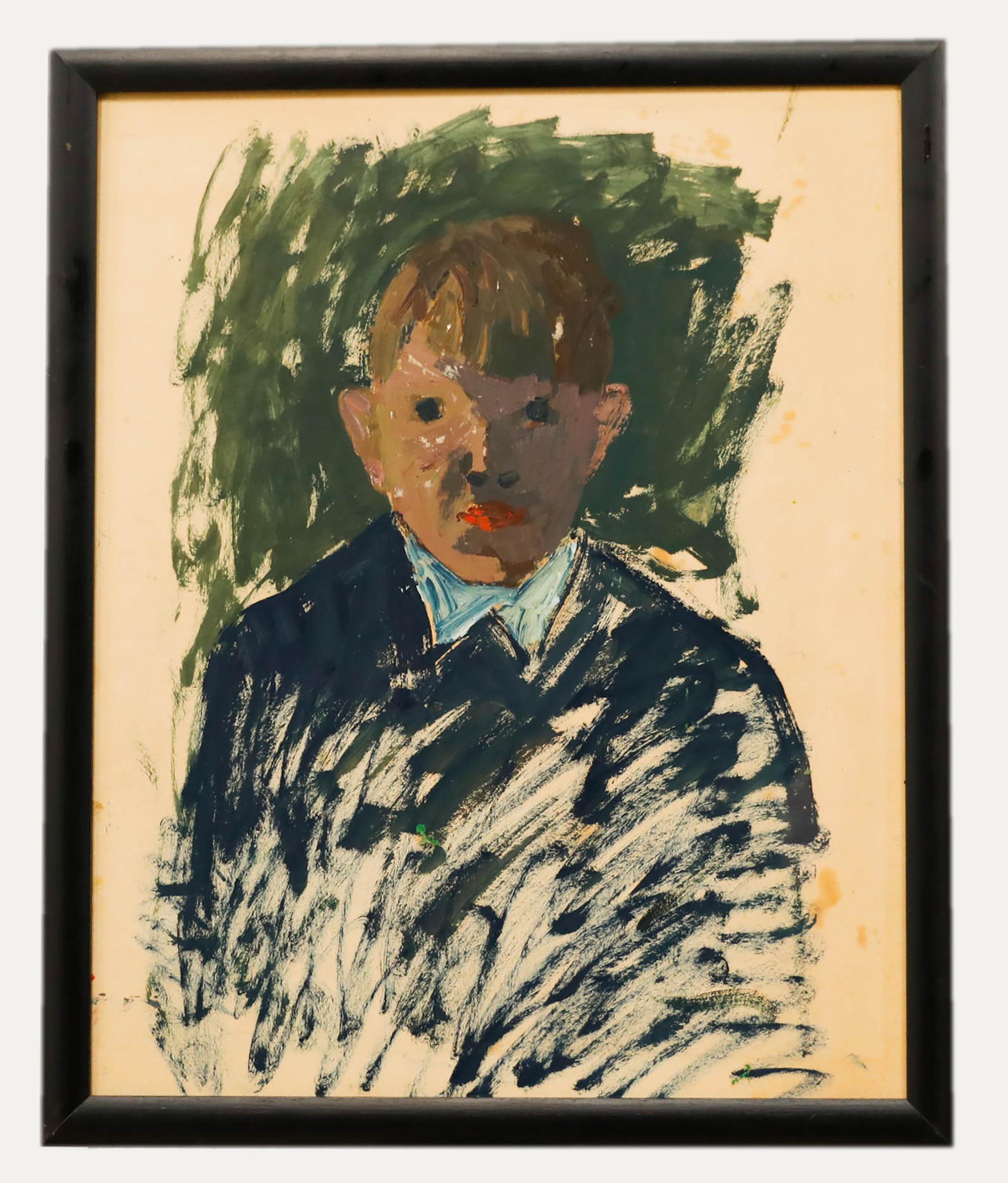 Portrait Painting di Unknown - Anton Gold (1914-1970) - Olio della metà del XX secolo, Scolaretto in blu