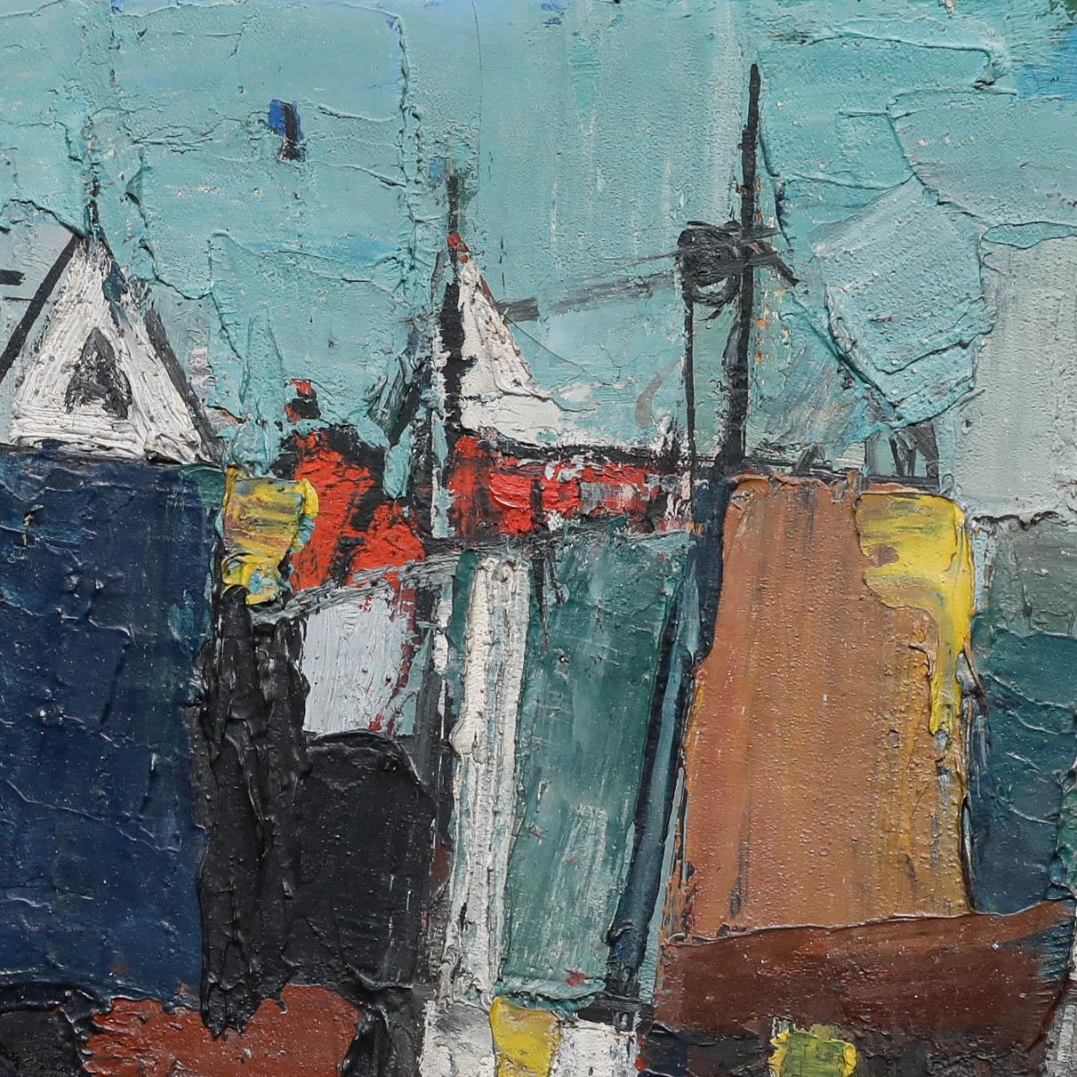 Questo dipinto astratto dell'artista tedesco Anton Reichenberg (1910-1984) raffigura una vivace scena portuale con forme geometriche colorate che rappresentano le barche e le loro vele. Ben presentato in una cornice bianca contemporanea, dietro