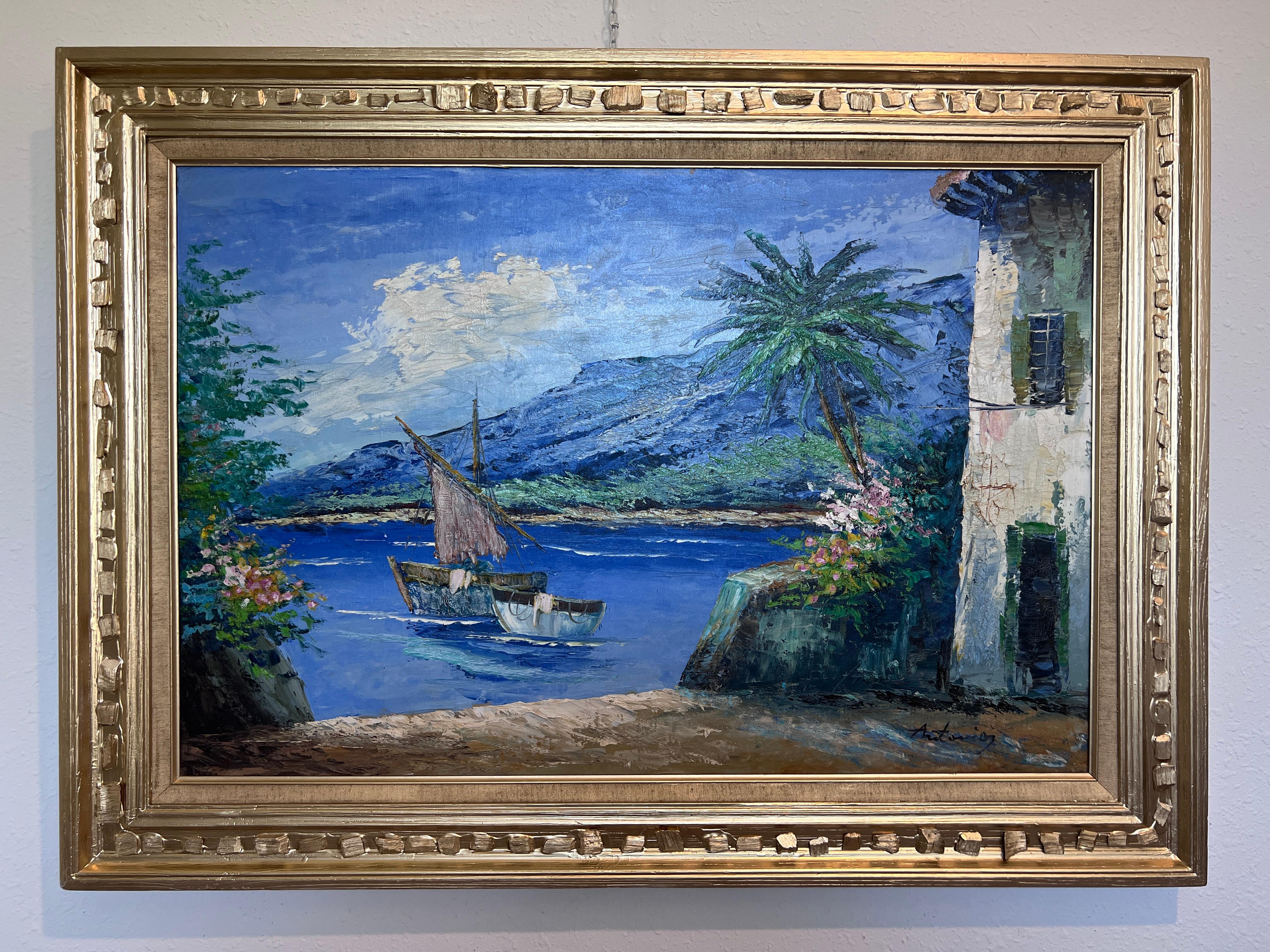 Antoniou Signiertes Original-Ölgemälde, Meereslandschaft, Küstenszene, gerahmte Vintage-Kunst – Painting von Unknown