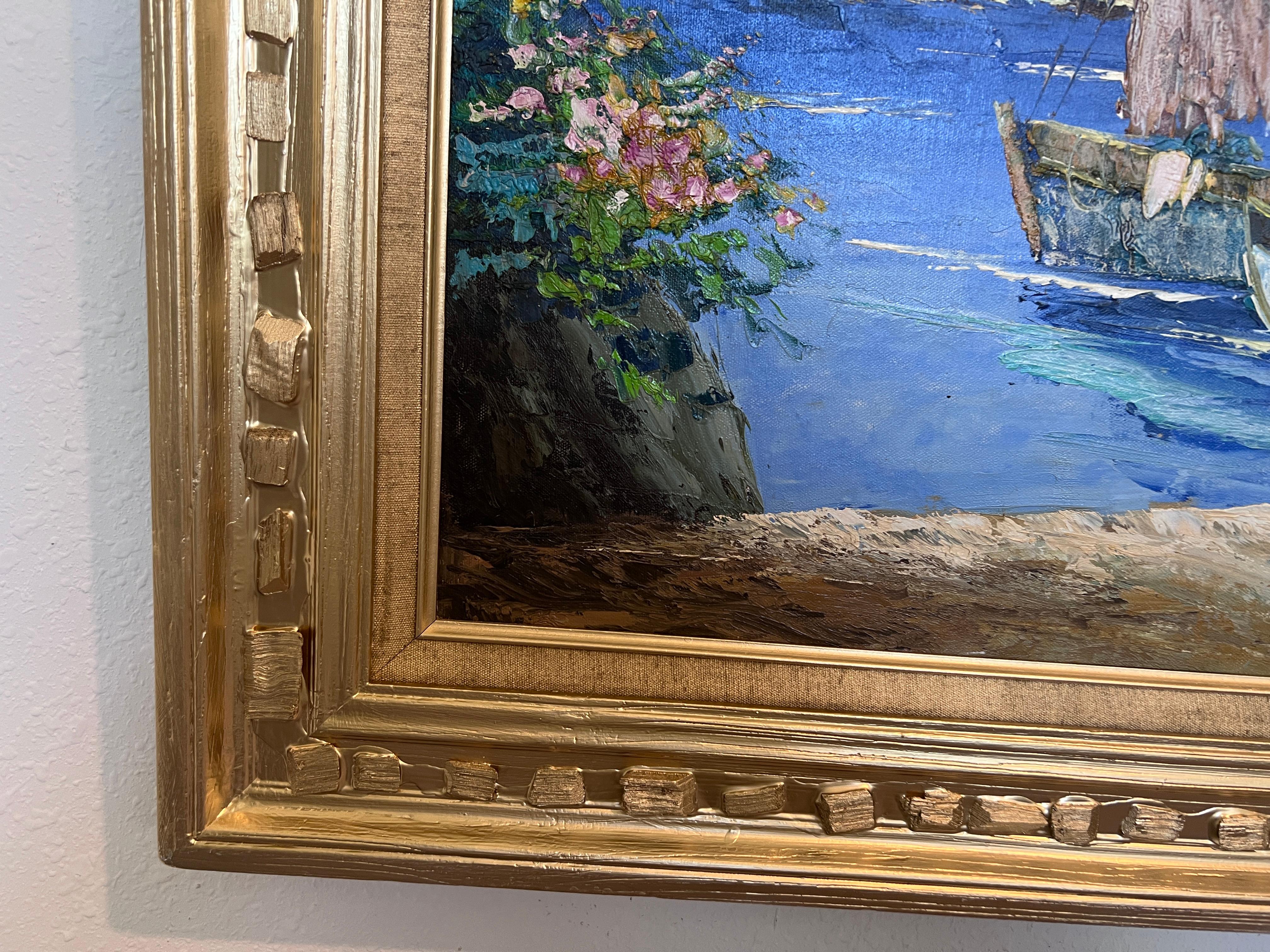 Antoniou Signiertes Original-Ölgemälde, Meereslandschaft, Küstenszene, gerahmte Vintage-Kunst (Grau), Landscape Painting, von Unknown