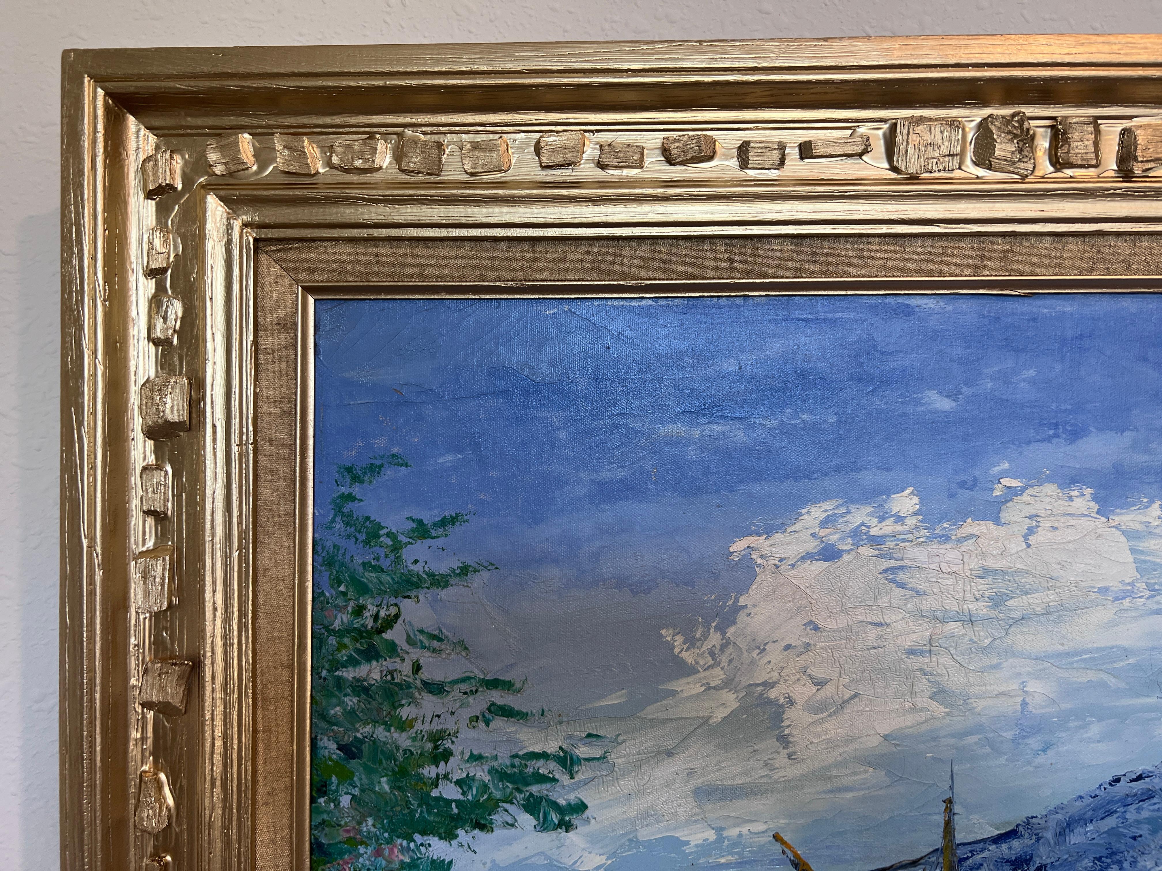 Original signiertes Ölgemälde von Antoniou - Mittelmeer-Küstenlandschaft
Vintage Gerahmtes Kunstwerk  Segelboote, Berge, Palmen und Küstenhäuschen

Dieses farbenfrohe Original-Ölgemälde auf Leinwand des Künstlers Antoniou zeigt eine charmante