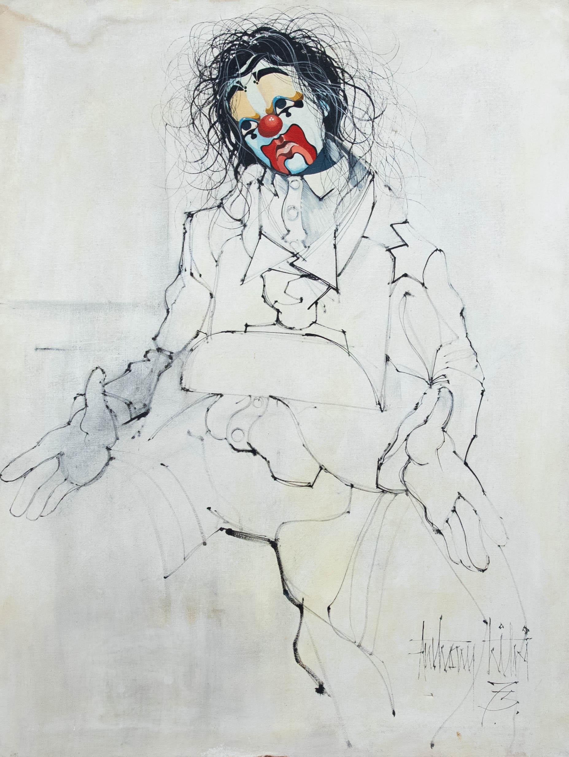 Unknown Portrait Painting - Antony Litri - 20th Century Oil, Portrait of a Clown