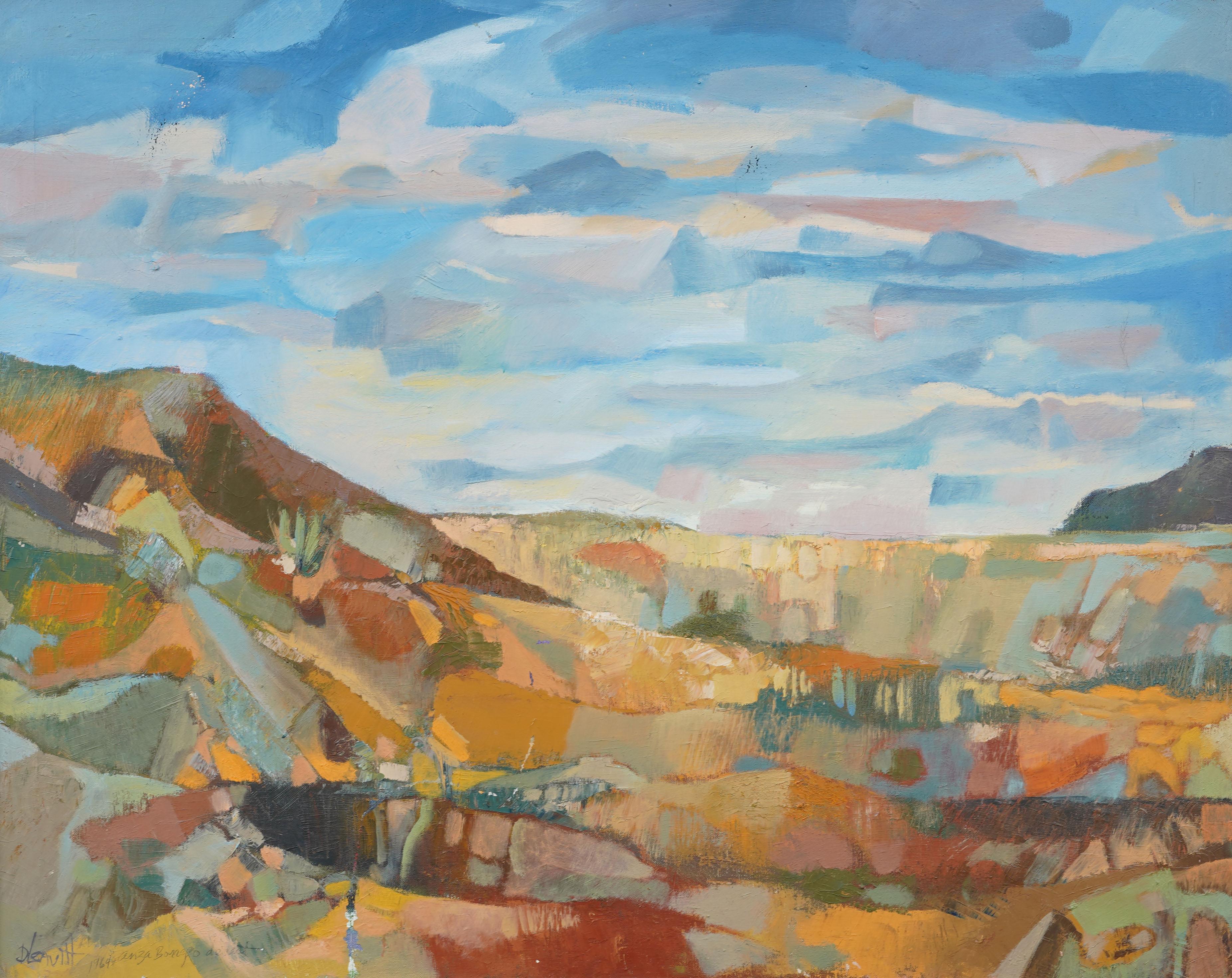Antique American modernist landscape signed oil painting of the Anza-Borrego desert. Oil on canvas. Framed. Signed.  Measuring: 36 by 44 inches overall.  In excellent original condition. Handsomely framed in a  giltwood molding.  Excellent
