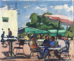 Vintage Aperitif on the terrace of the bar spanish oil on canvas painting