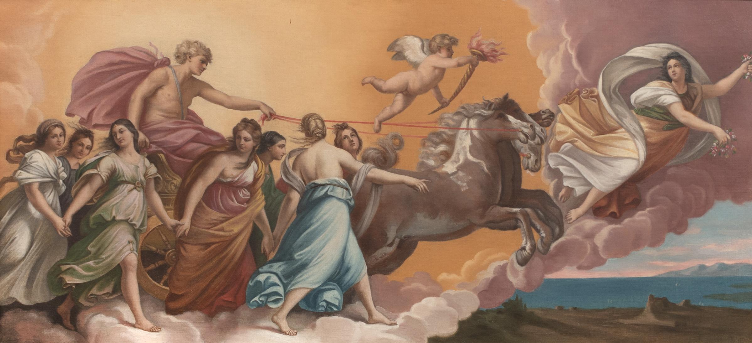 Apollo & Aurora, Roman Gods Procession, after GUIDO RENI (1575-1642) - Brown Figurative Painting by Unknown