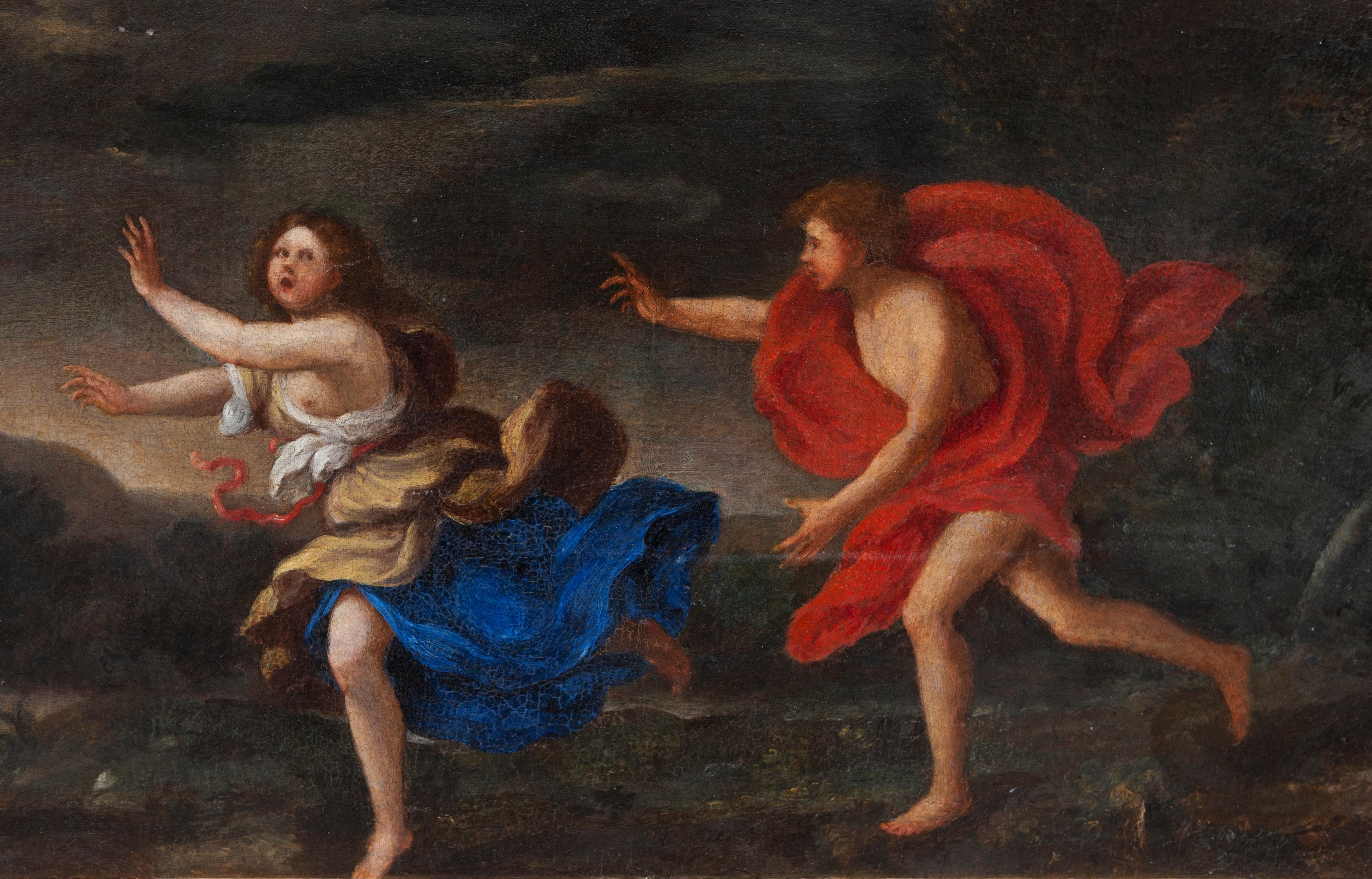 Apollo and Daphne

Artist active in the 17th century
Oil on canvas in gilded frame
?Dimension:  37x86 cm (48x95.5 cm including the frame)
