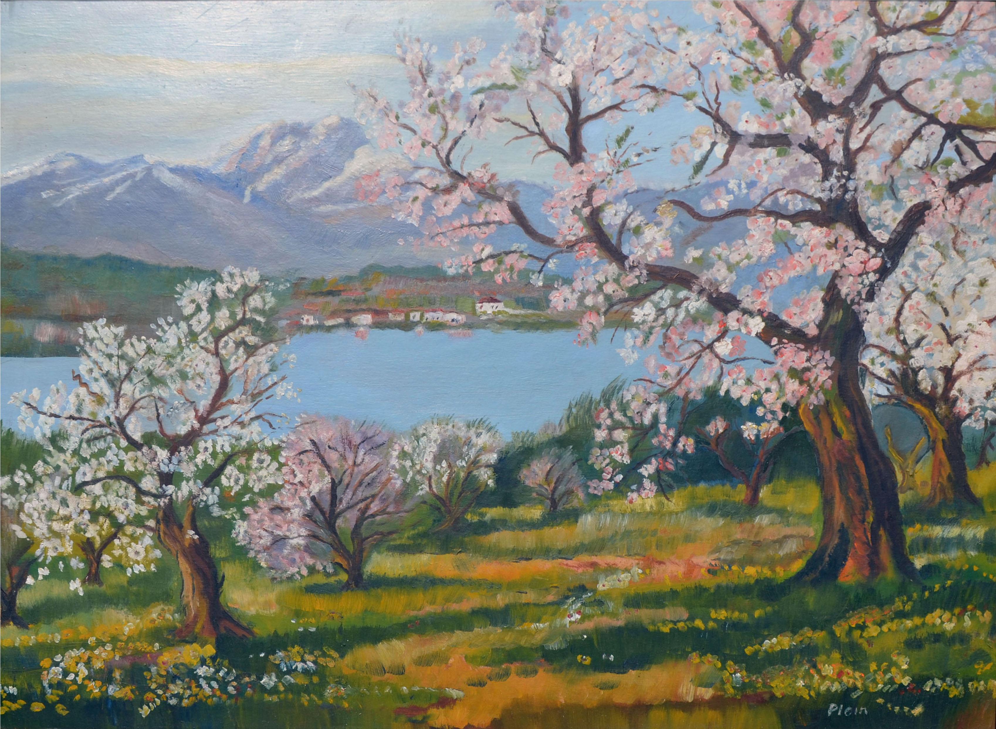 Apple Trees in Bloom Landscape – Painting von Unknown
