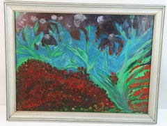 Aqua - Green and Red Flowers Oil  Landscape Painting