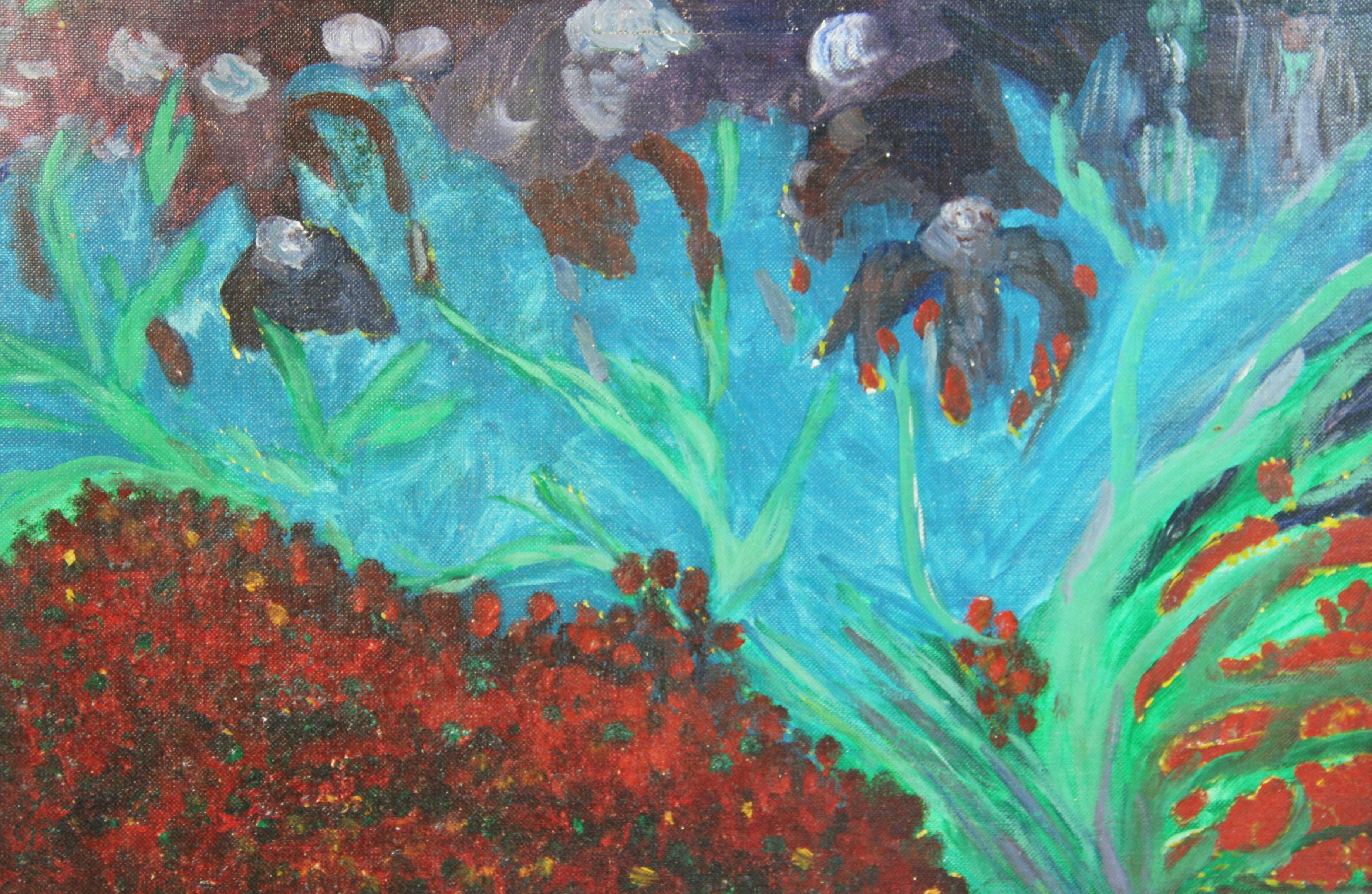 Aqua - Grüne und rote Blumen Öl  Landschaftsmalerei (Grau), Landscape Painting, von Unknown