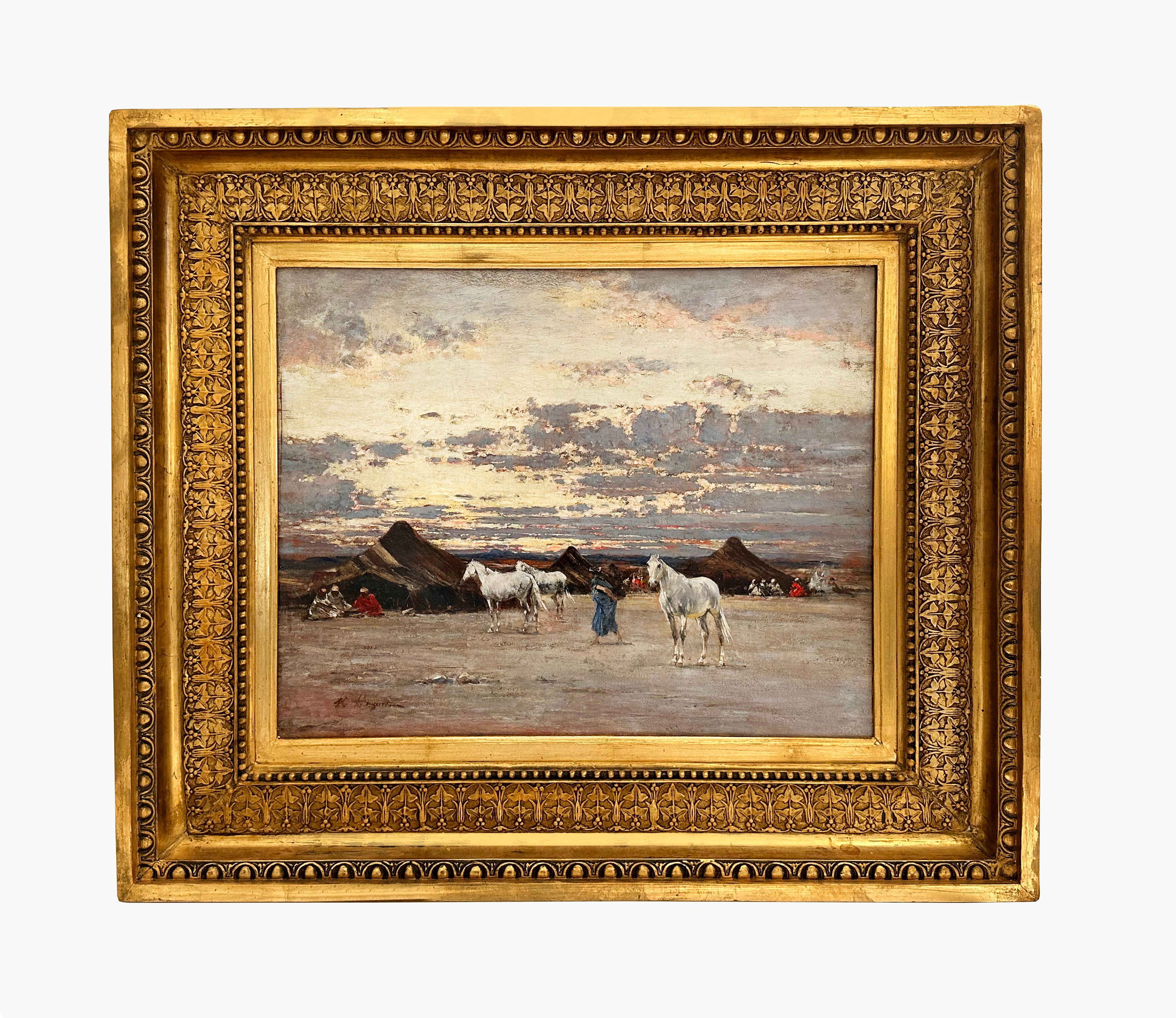 Victor Huguet, a distinguished 19th-century French artist known for his contributions to the Orientalist art movement, crafted a captivating pair of paintings that beckon viewers into the enchanting landscapes of North Africa and the Middle East.