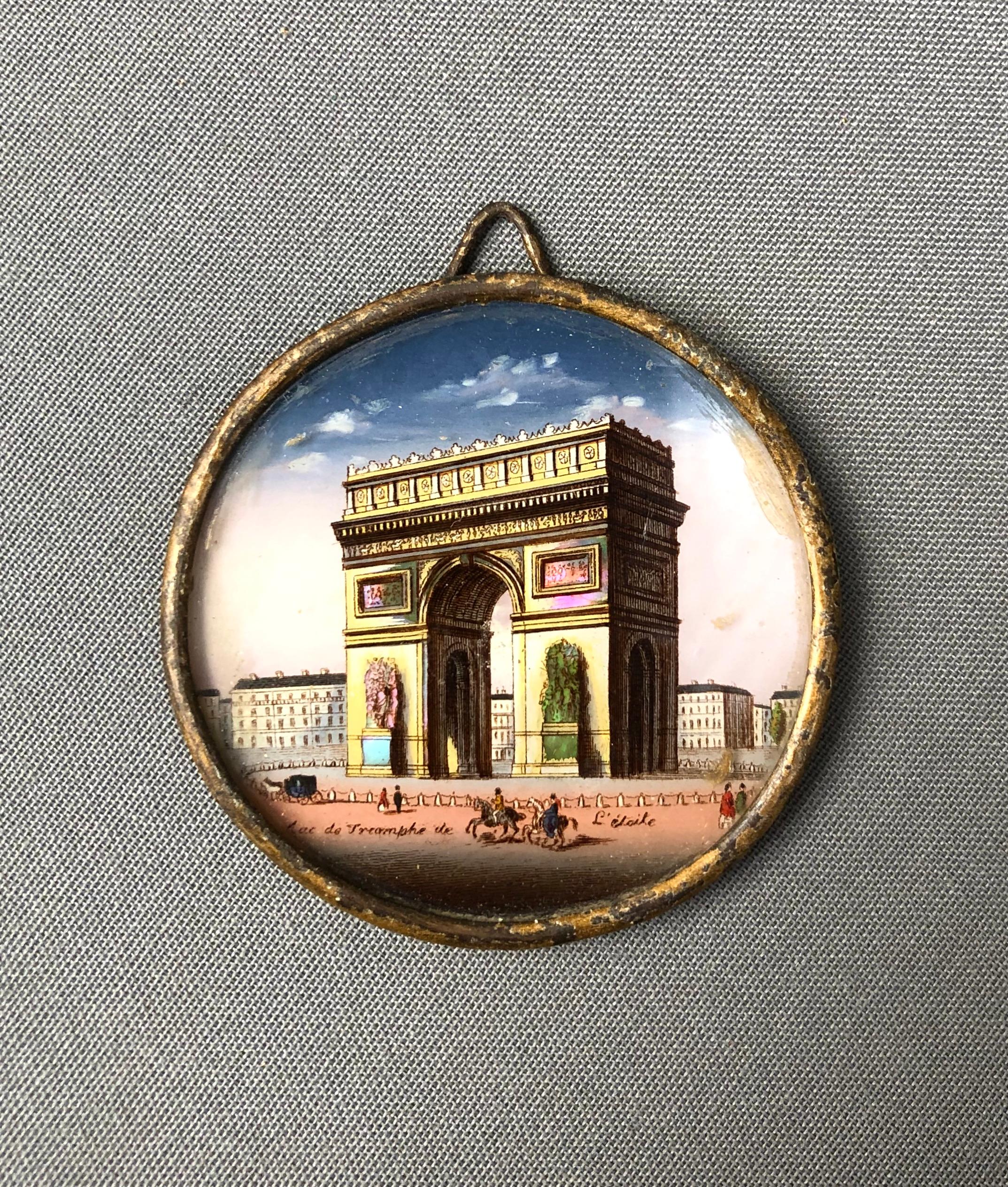 Unknown Figurative Painting - Arc De Triomphe, Painted Miniature, Souvenir from Paris