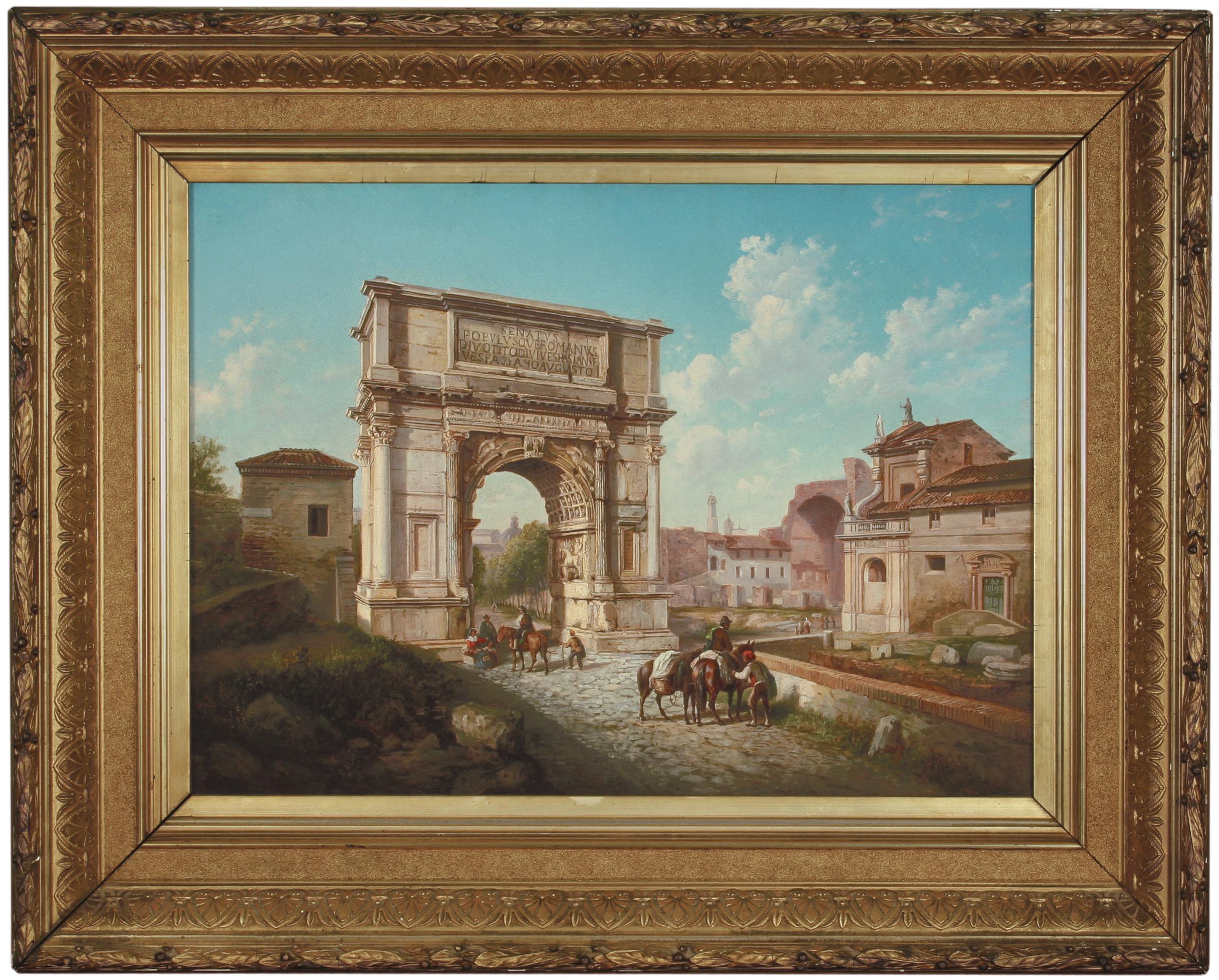 Unknown Landscape Painting - Arch of Titus, Rome - a view of the Arch and its surroundings c. 1835