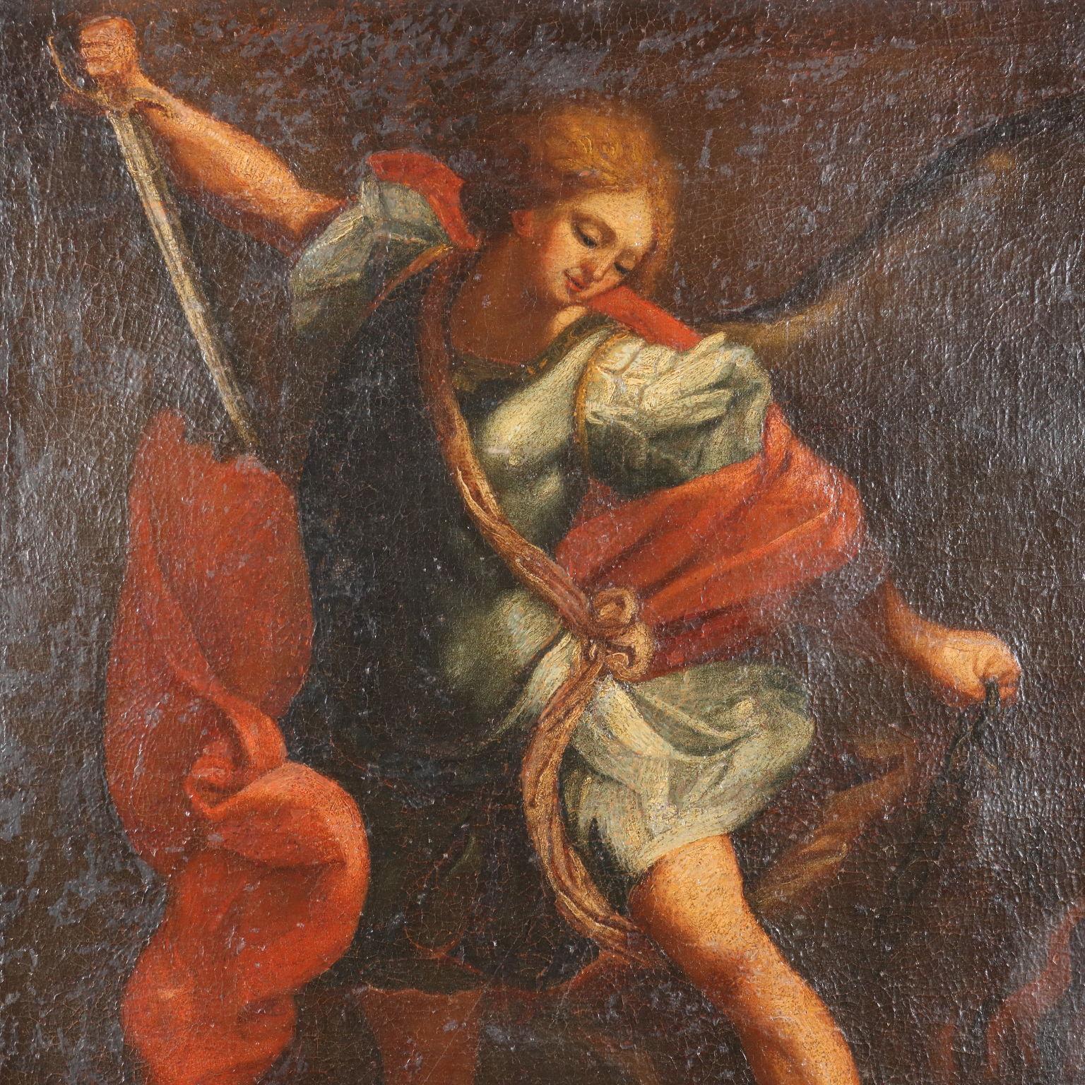 Archangel Michael defeats the Devil Oil on Canvas Italy XVII Century - Other Art Style Painting by Unknown