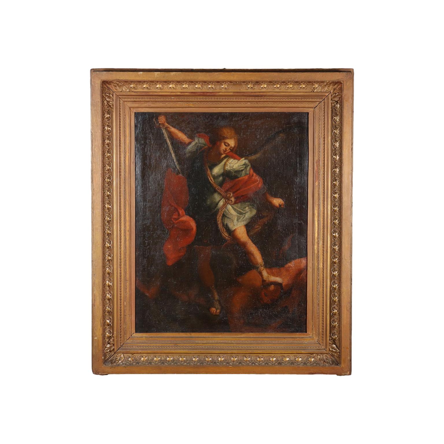 Unknown Figurative Painting - Archangel Michael defeats the Devil Oil on Canvas Italy XVII Century