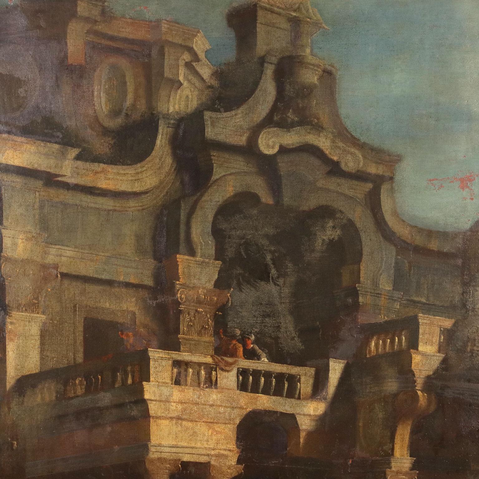 Architectural Capriccio with Figures,  XVIIIth century - Other Art Style Painting by Unknown