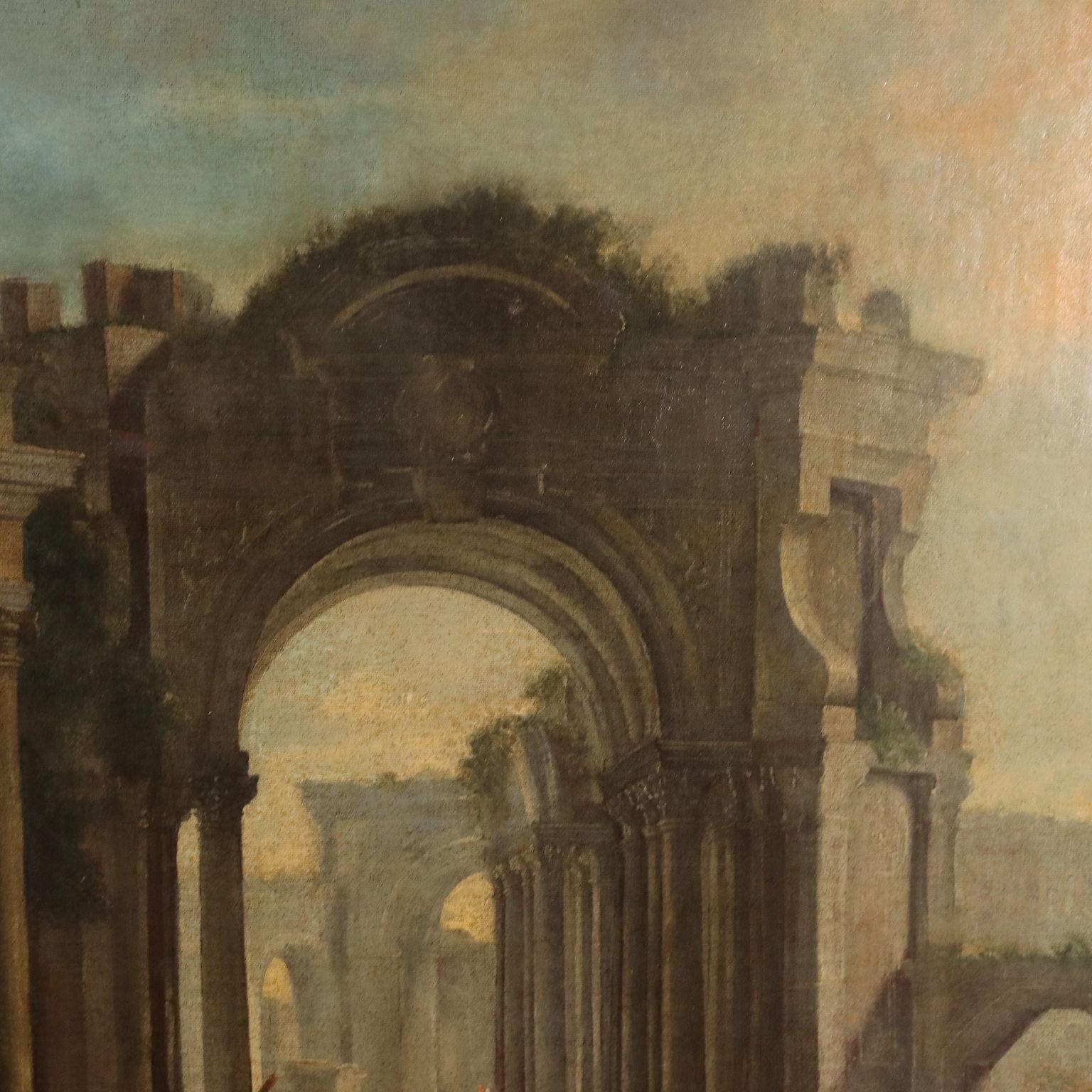 Oil painting on canvas. Neapolitan school of the eighteenth century. Of great impact and of good executive quality, the work refers in the ways to the works of Leonardo Coccorante (1680-1750), a Neapolitan artist known for his highly detailed