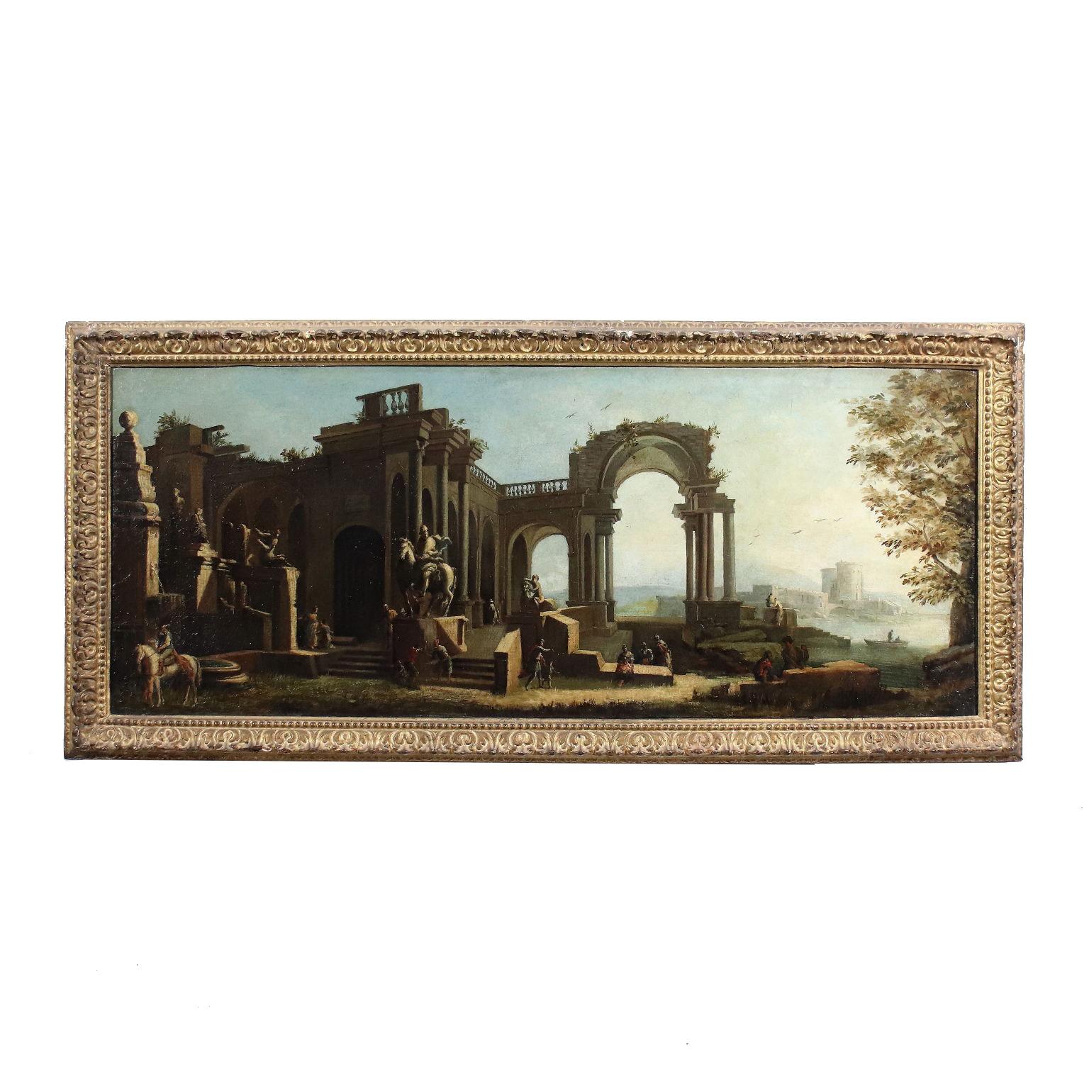Unknown Landscape Painting - Architectural Capriccio with Figures, XVIIIth century