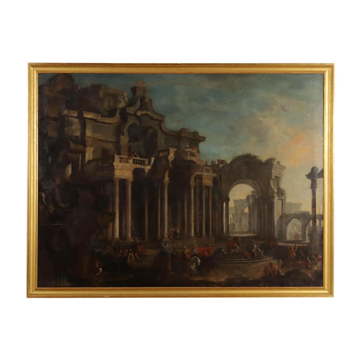 Unknown Landscape Painting - Architectural Capriccio with Figures,  XVIIIth century