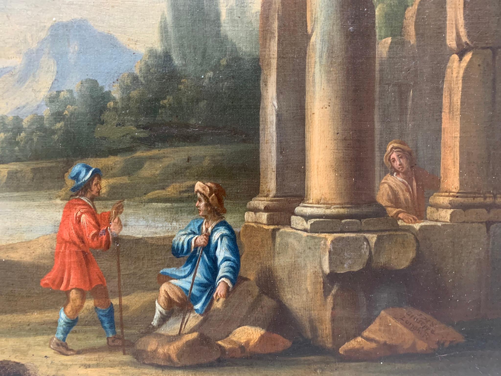 Roman school.
Paining with the ruins of a large building from Ancient Rome, columns and the river valley.
Signed on a triangular stone resting on the ground, near the Doric column: Giuseppe Longhi and dated 1718.

Technique: oil on canvas.

Original